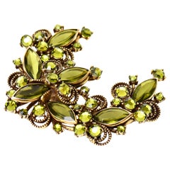 Weiss Chartreuse Glass and Rhinestone Half Moon Pin Brooch Vintage