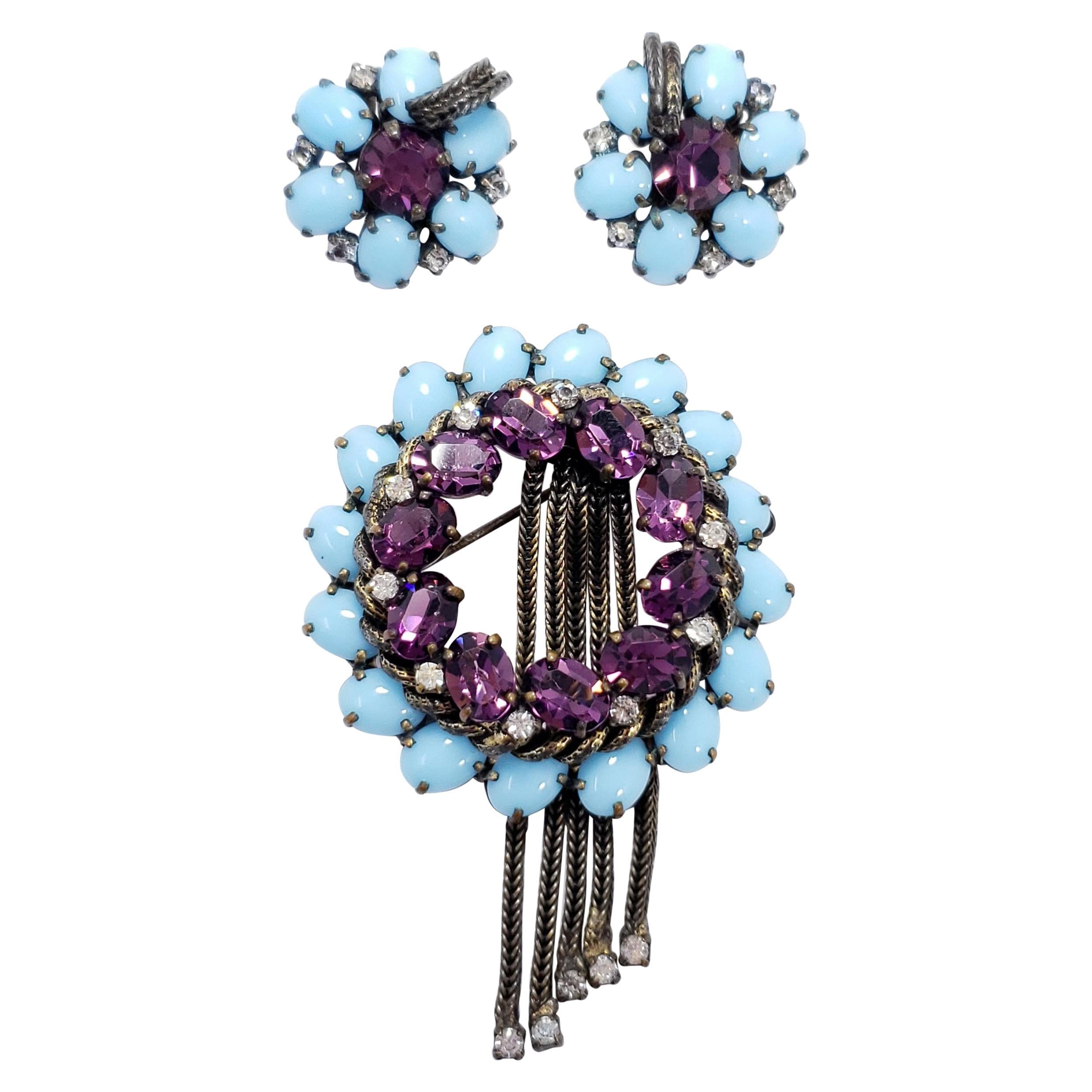 Broche à épingle florale Weiss et clips d'oreilles en cristals de turquoise et d'émeraude