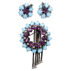 Weiss Floral Pin Brooch and Clip On Earrings, Turquoise and Emerald Crystals