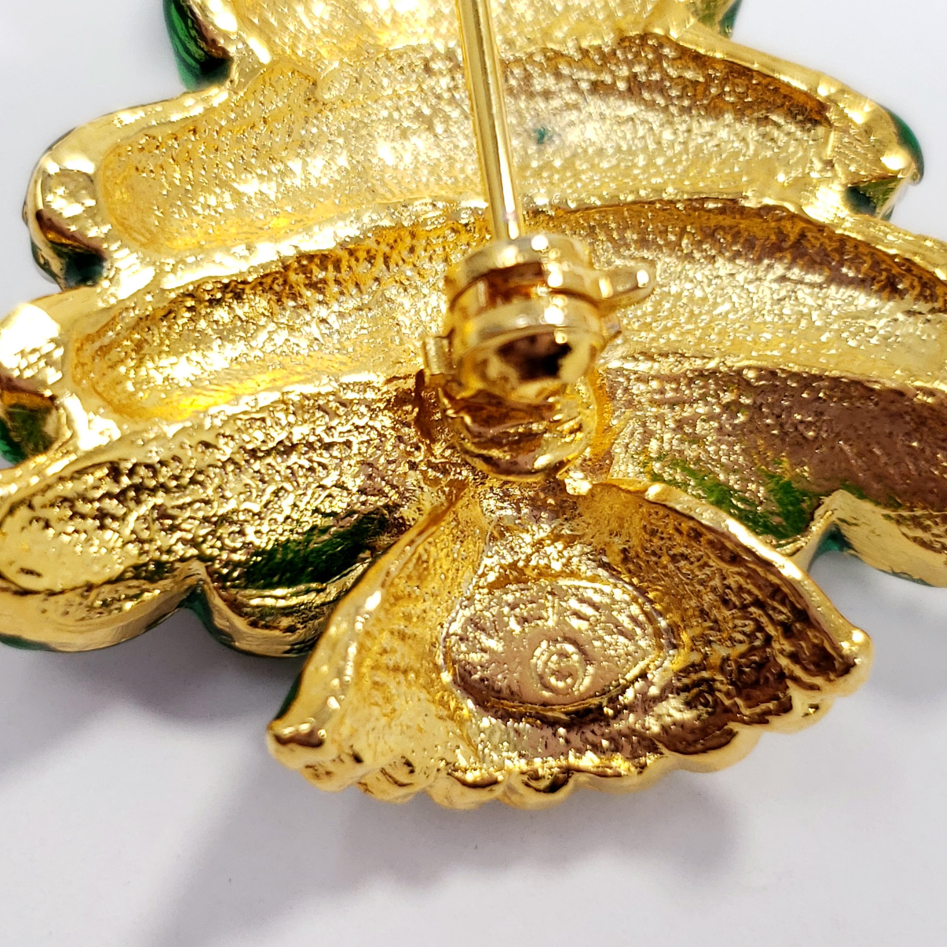 Retro Weiss Gold Green Enamel Christmas Tree Pin Brooch, Faux Pearls
