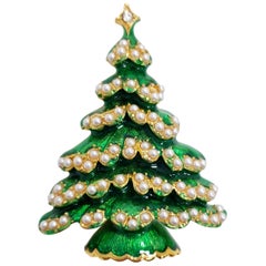 Weiss Gold Green Enamel Christmas Tree Pin Brooch, Faux Pearls