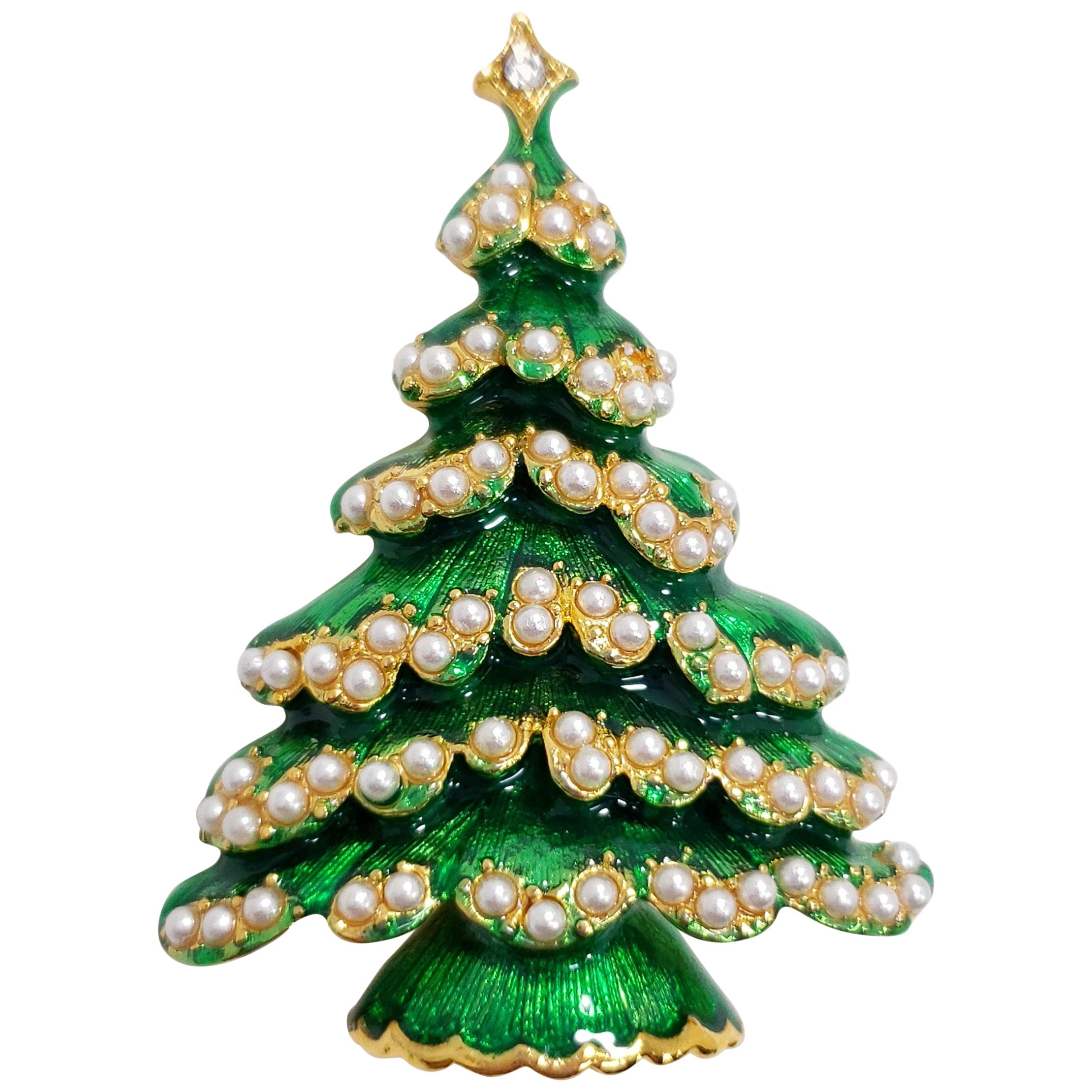 Weiss Gold Green Enamel Christmas Tree Pin Brooch, Faux Pearls