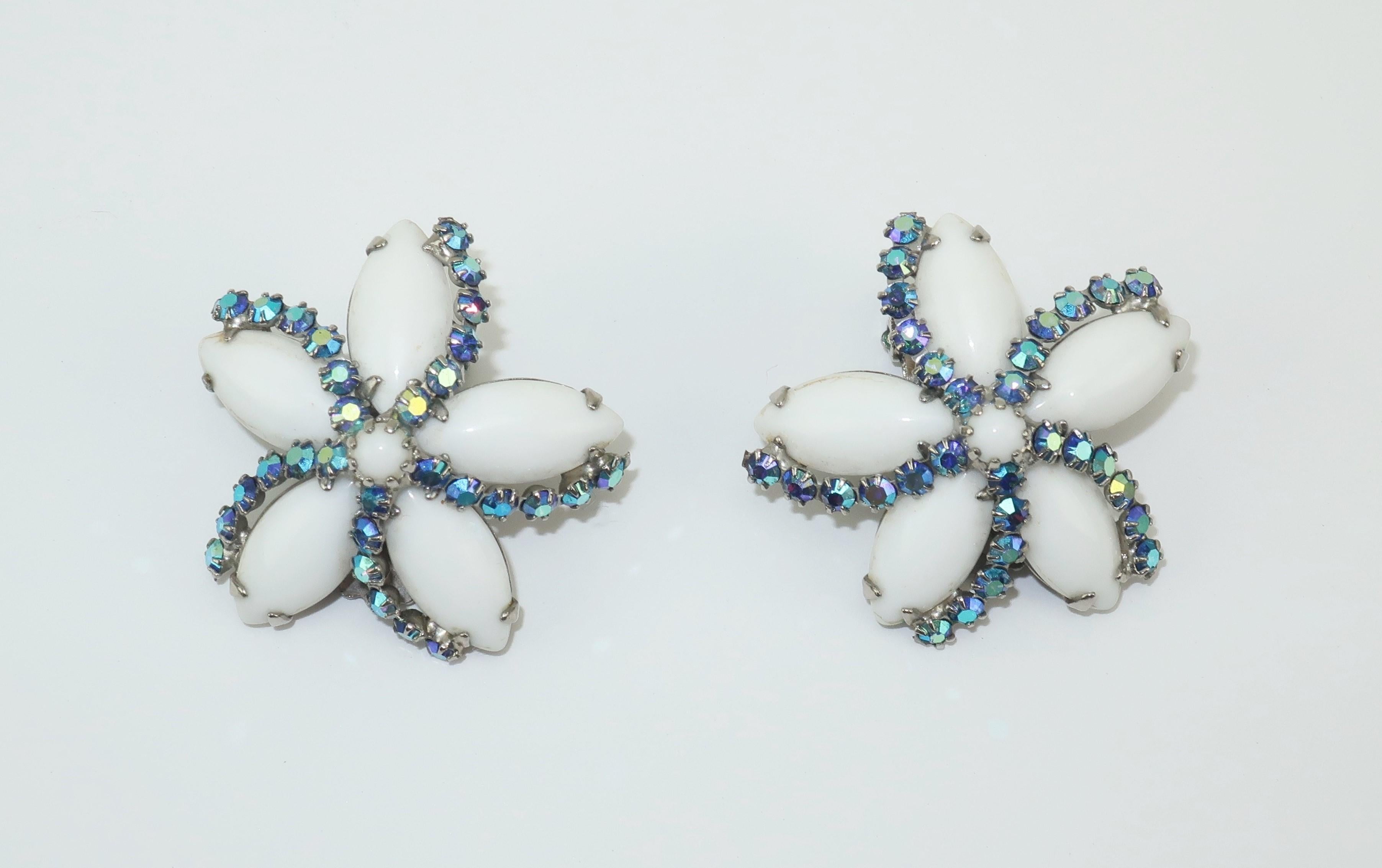 Retro Weiss Milk Glass & Blue Rhinestone Starfish Earrings, 1950’s