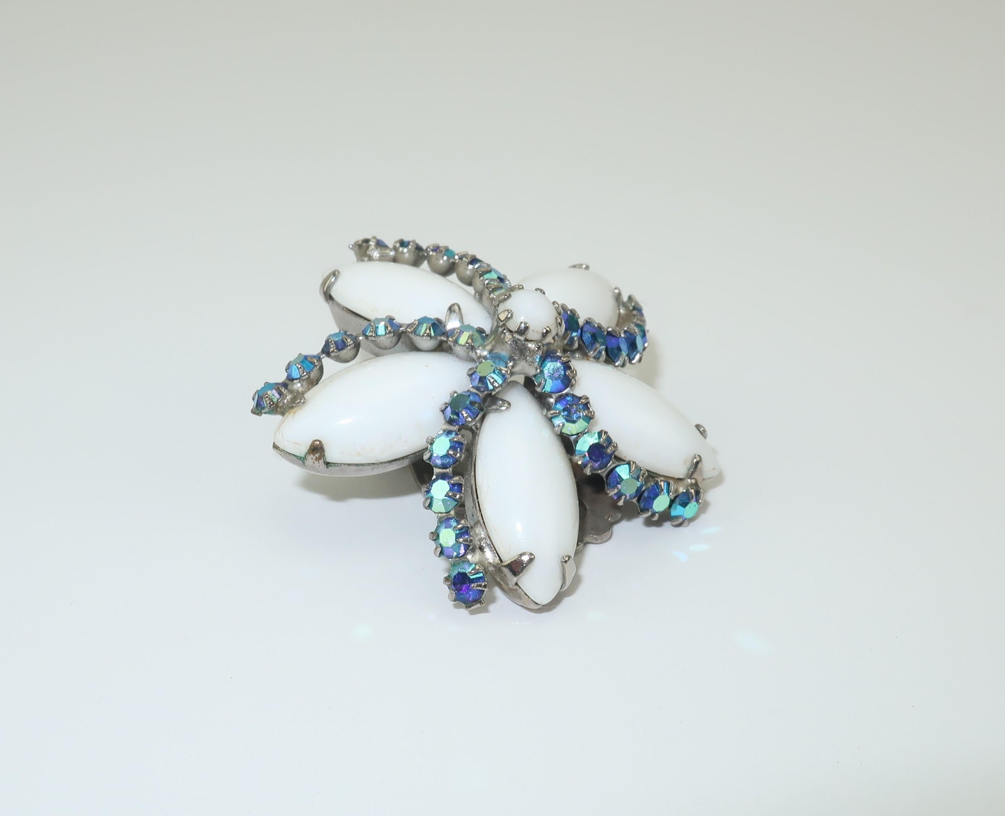 Weiss Milk Glass & Blue Rhinestone Starfish Earrings, 1950’s In Good Condition In Atlanta, GA