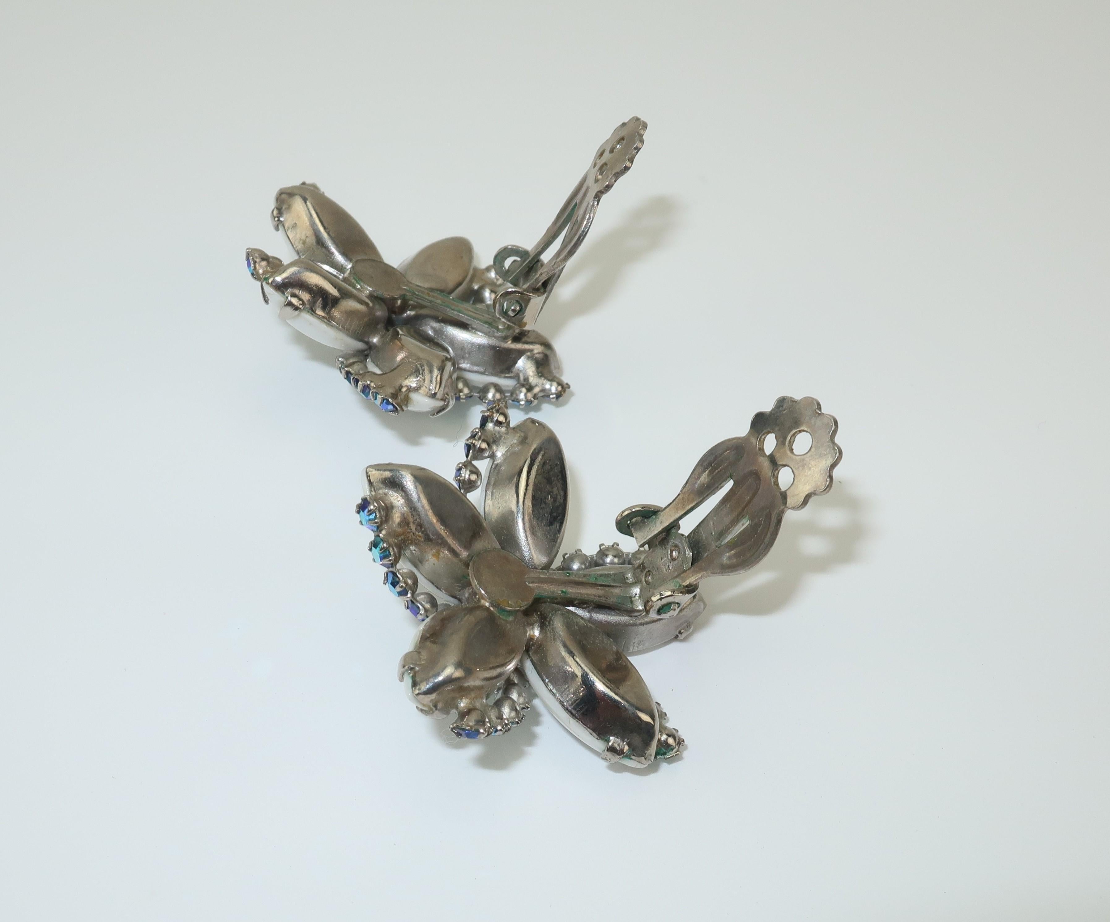 Weiss Milk Glass & Blue Rhinestone Starfish Earrings, 1950’s 1