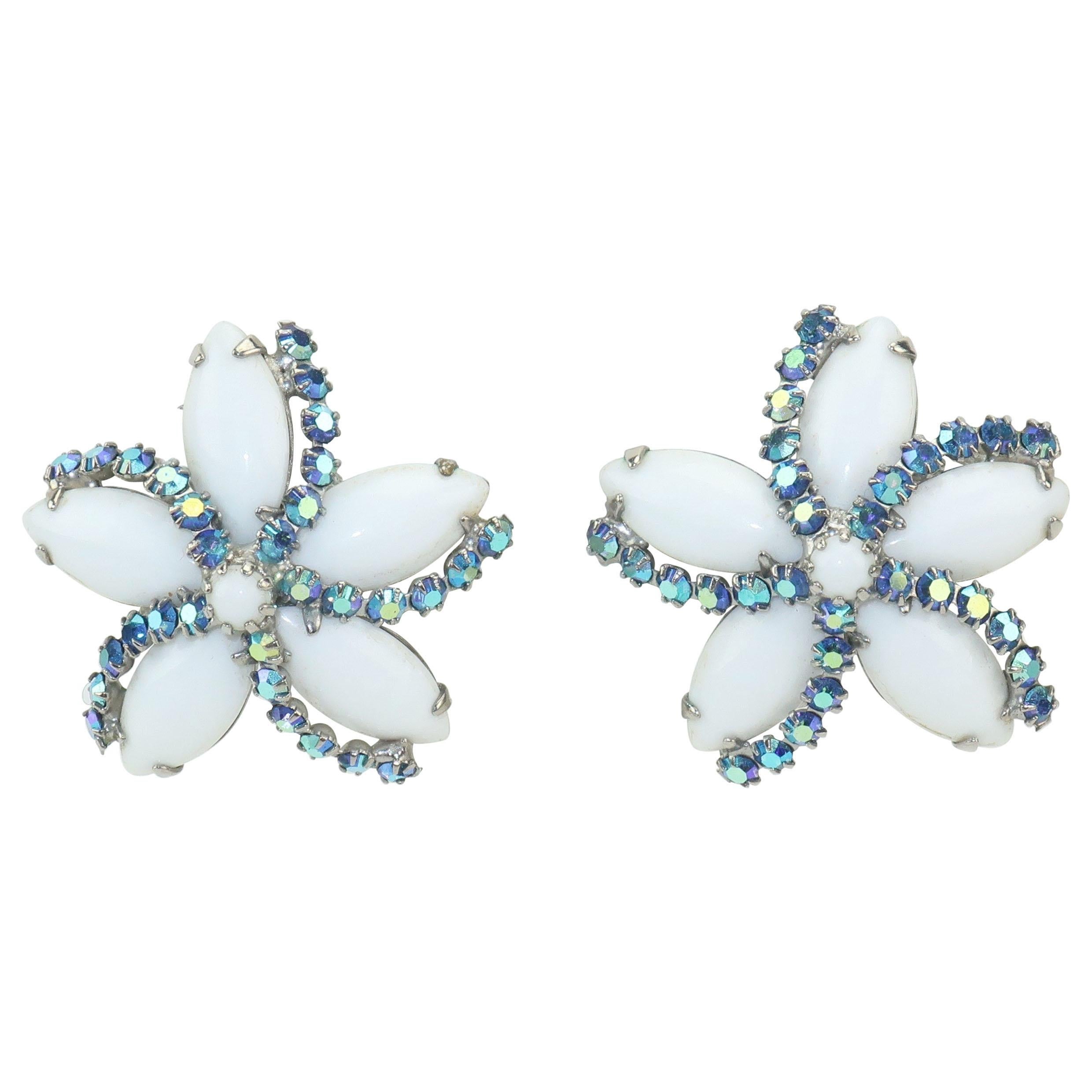 Weiss Milk Glass & Blue Rhinestone Starfish Earrings, 1950’s