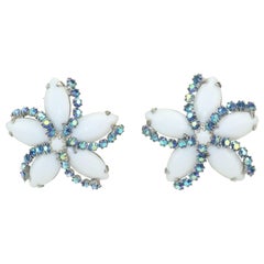 Retro Weiss Milk Glass & Blue Rhinestone Starfish Earrings, 1950’s