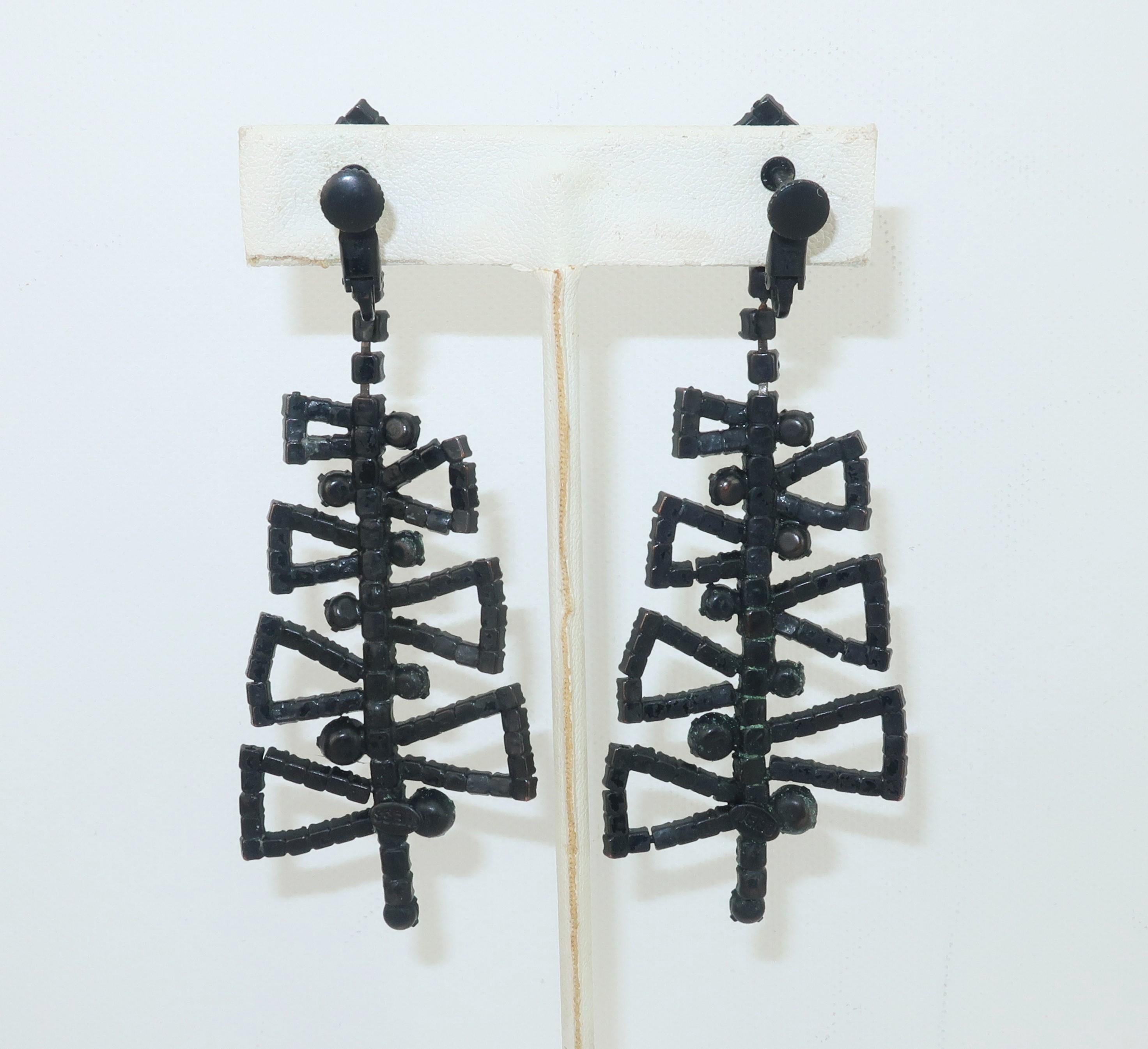 Modern Weiss Mod Black Rhinestone Earrings, 1960's