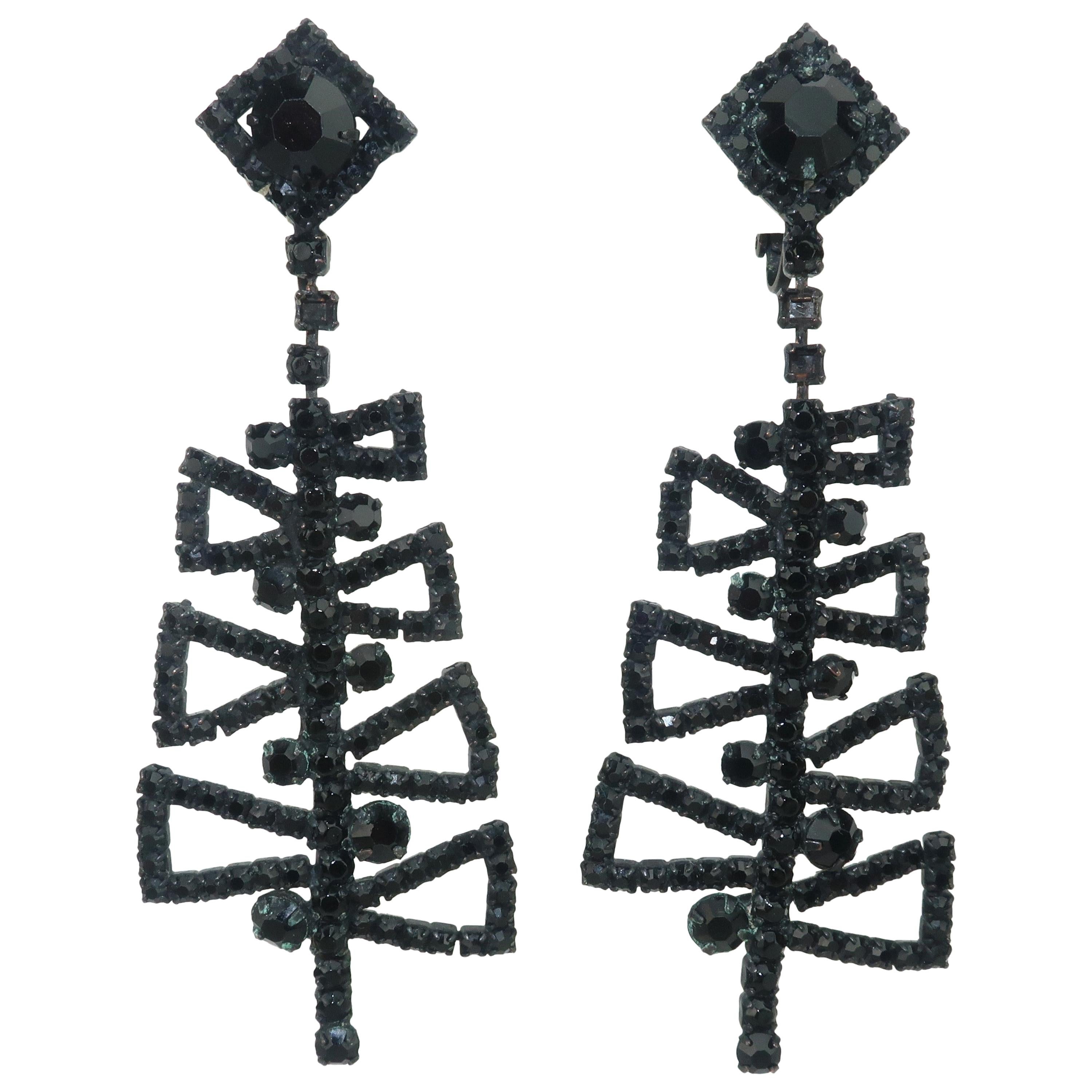 Weiss Mod Black Rhinestone Earrings, 1960's