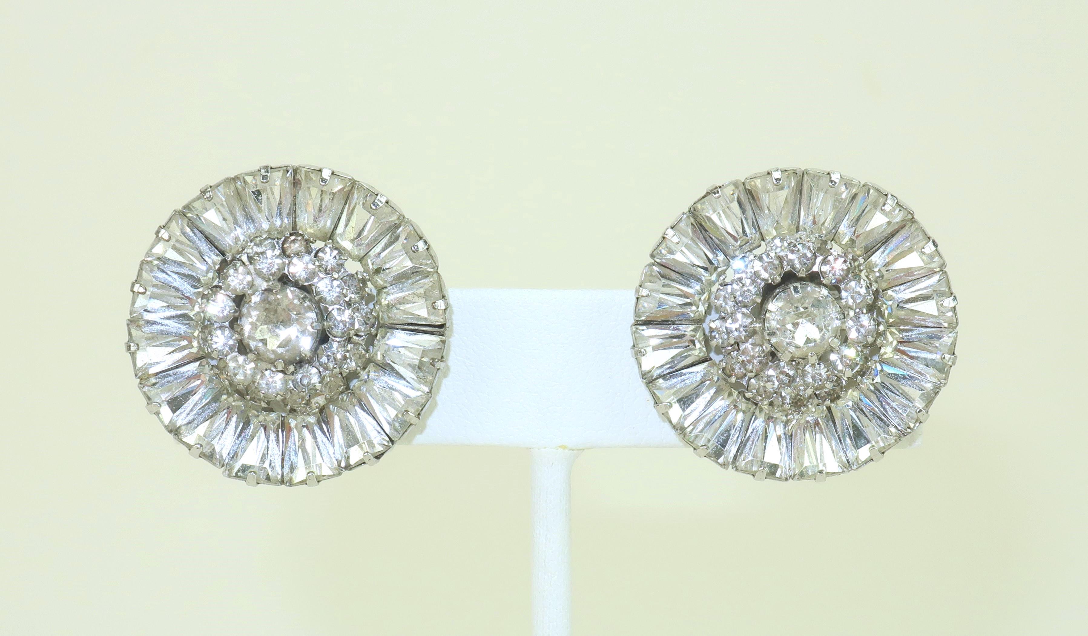 Glamorous 1950’s Weiss crystal rhinestone cluster earrings.  The American jeweler, Albert Weiss, began his career at Coro and opened his own firm in 1942.  He imported crystal rhinestones from Austria and preferred designs with clear stones … and