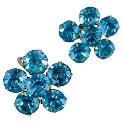 Weiss signé vintage ton or verre bleu petite fleur boucles d'oreilles vissées