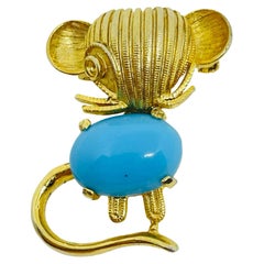 WEISS signed vintage gold tone faux turquoise mouse designer brooch WEISS signed vintage gold tone faux turquoise mouse designer brooch