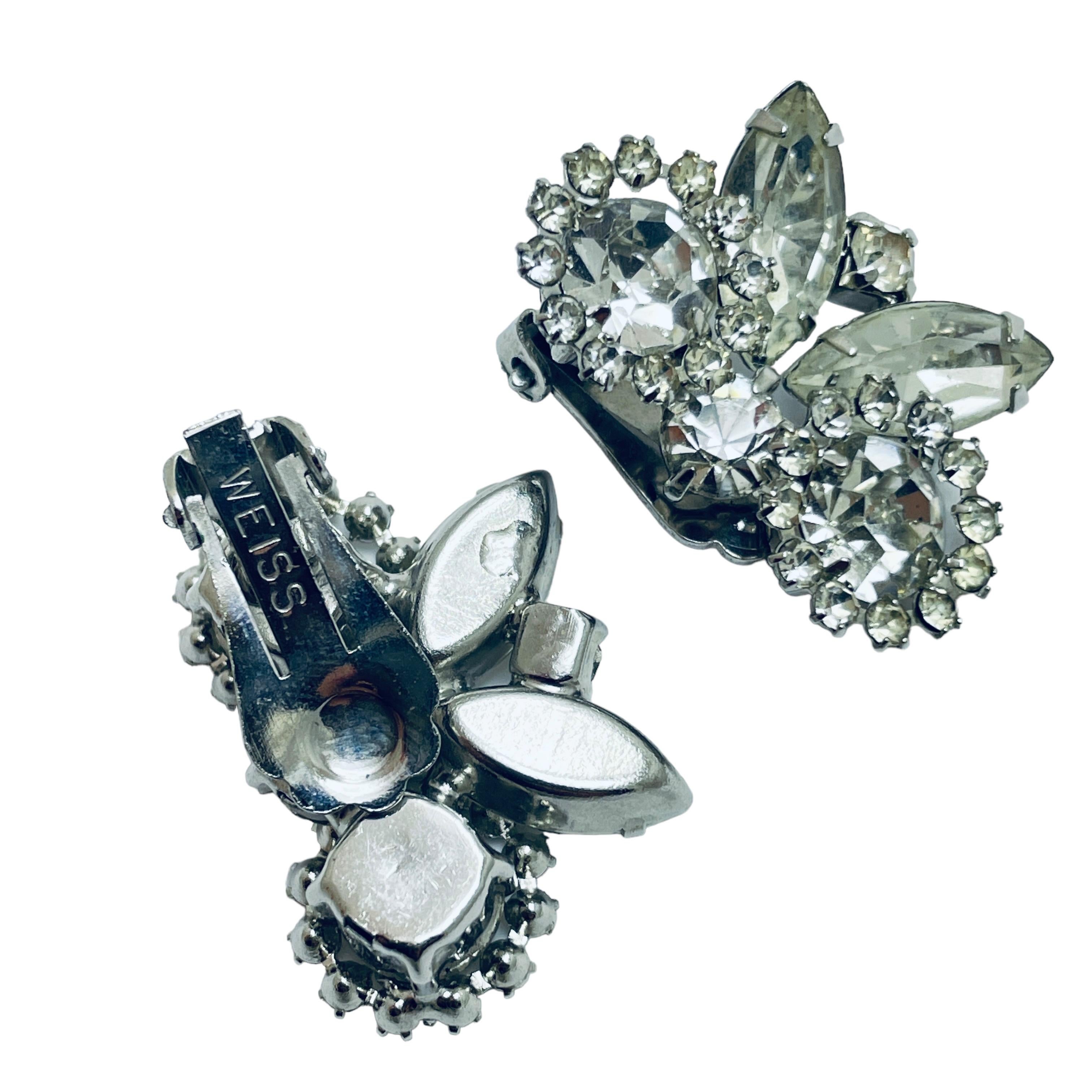 WEISS signed vintage silver tone rhinestone designer earrings In Good Condition For Sale In Palos Hills, IL