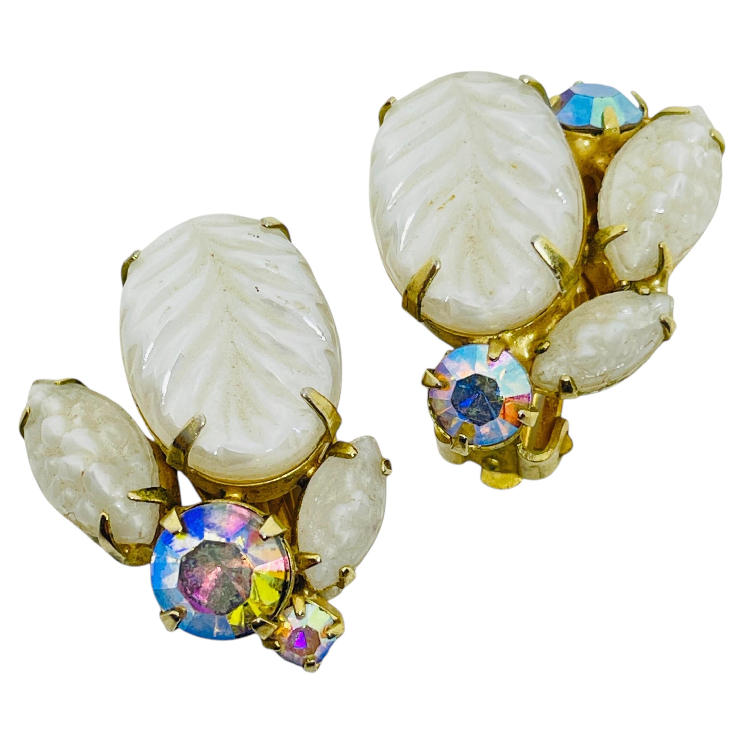 WEISS vintage gold tone ab rhinestones glass leafs designer clip on earrings For Sale