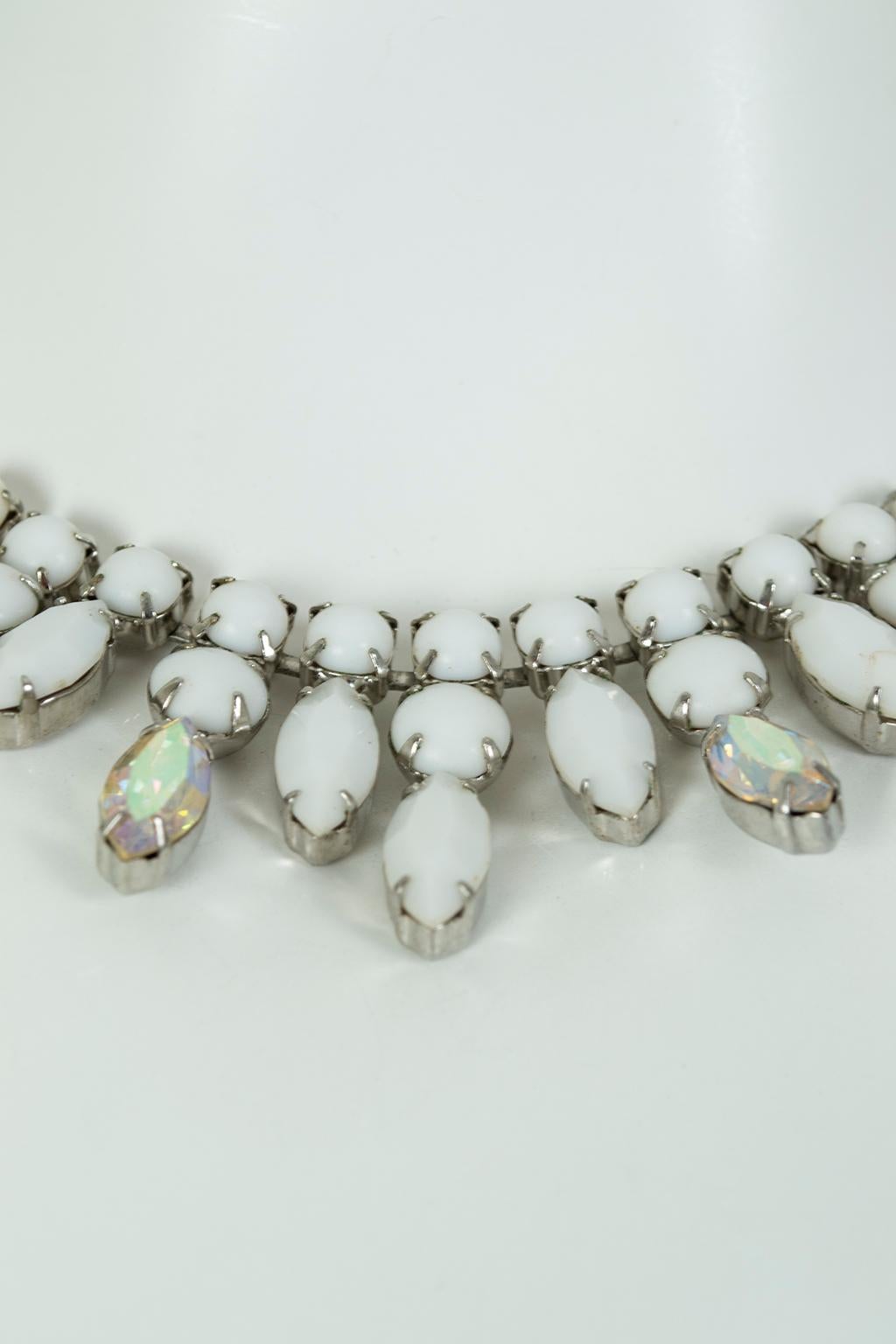 Retro Weiss White Jasper and Crystal Fringe Collar Necklace and Earring Suite, 1960s For Sale