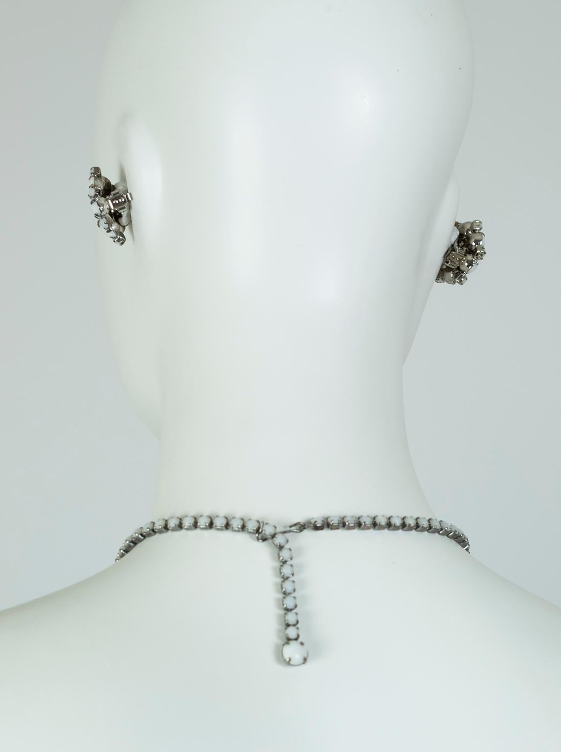 Ball Cut Weiss White Jasper and Crystal Fringe Collar Necklace and Earring Suite, 1960s For Sale