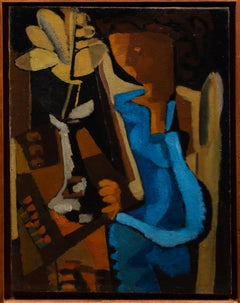 M. Weissman. Young Woman with a Flower, 1948. Cubist oil on Canvas. Framed.