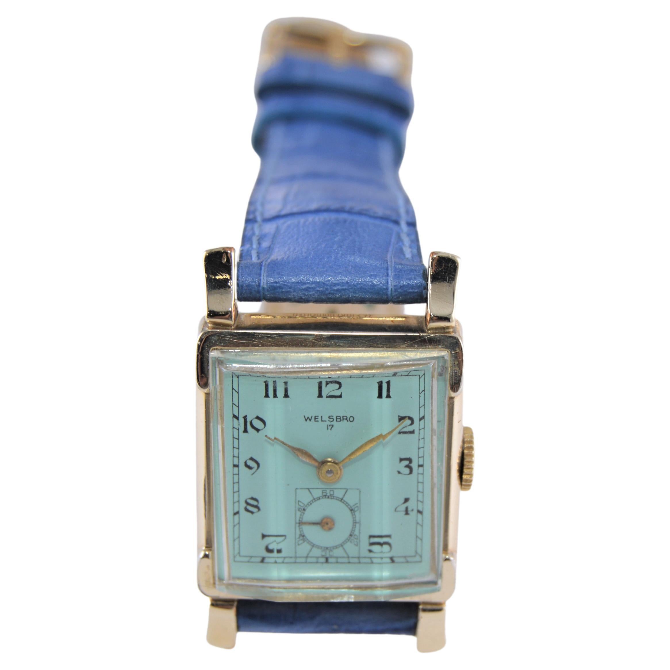 Welbros Yellow Gold Filled Art Deco Tank Watch with Tiffany Blue Dial from 1940' In Excellent Condition For Sale In Long Beach, CA