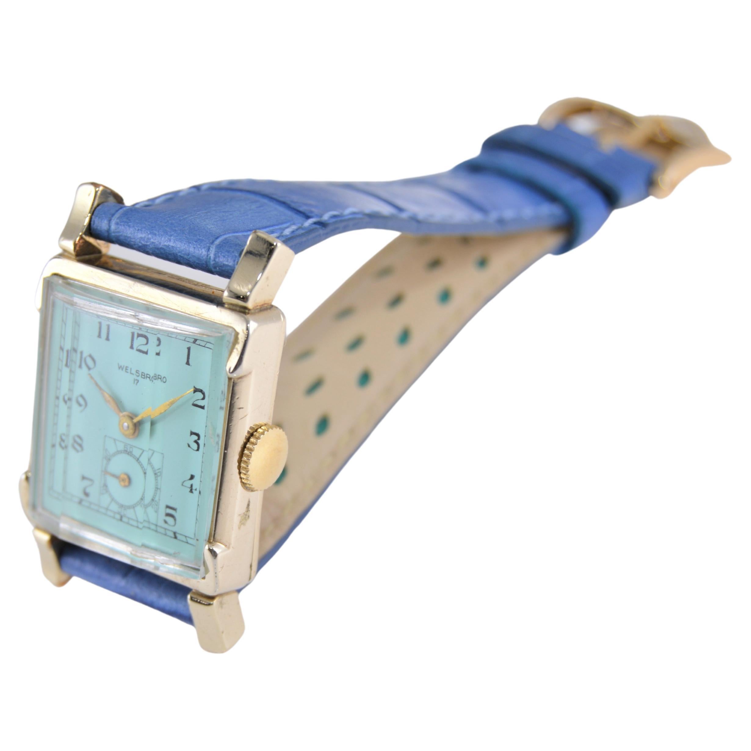 Women's or Men's Welbros Yellow Gold Filled Art Deco Tank Watch with Tiffany Blue Dial from 1940' For Sale