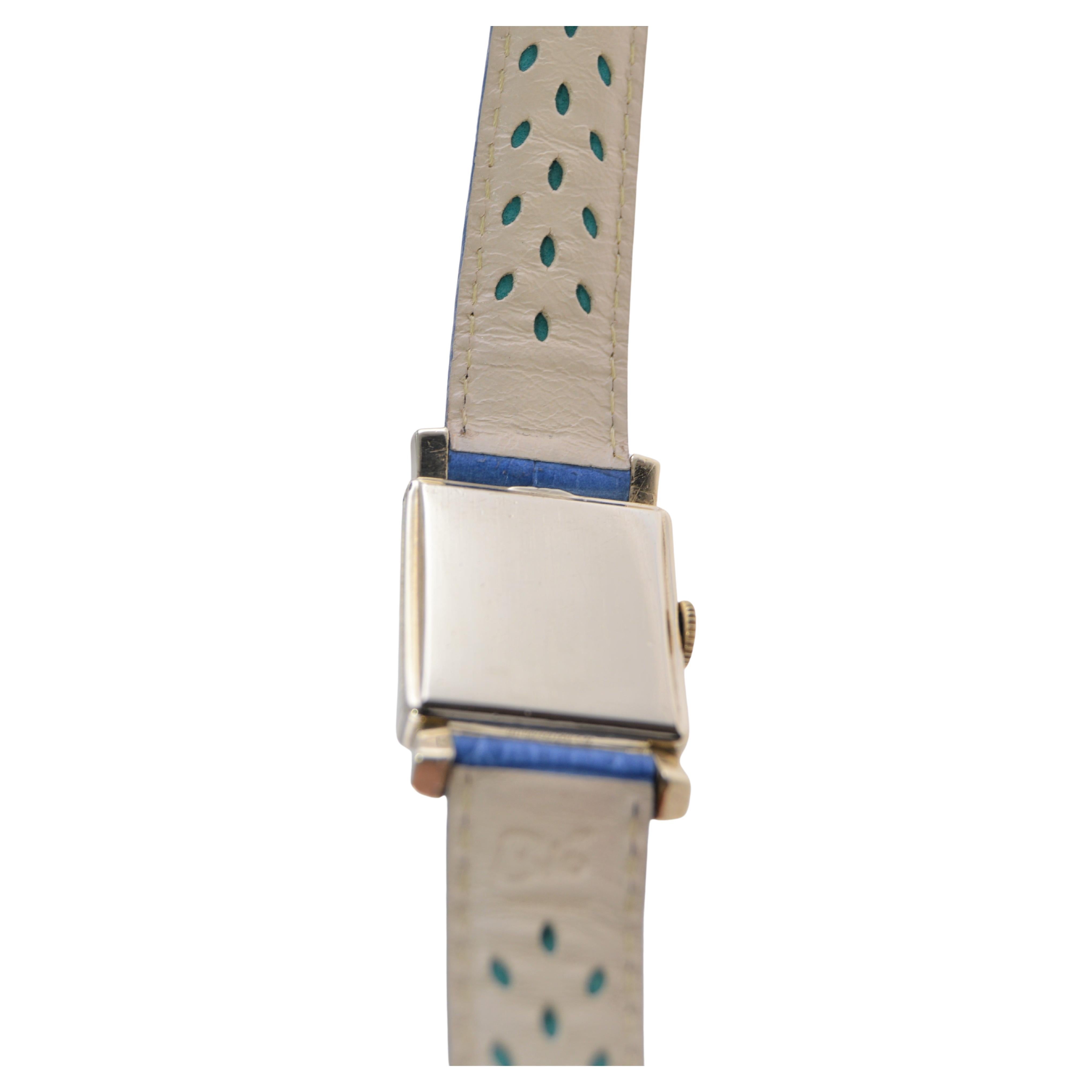 Welbros Yellow Gold Filled Art Deco Tank Watch with Tiffany Blue Dial from 1940' For Sale 1