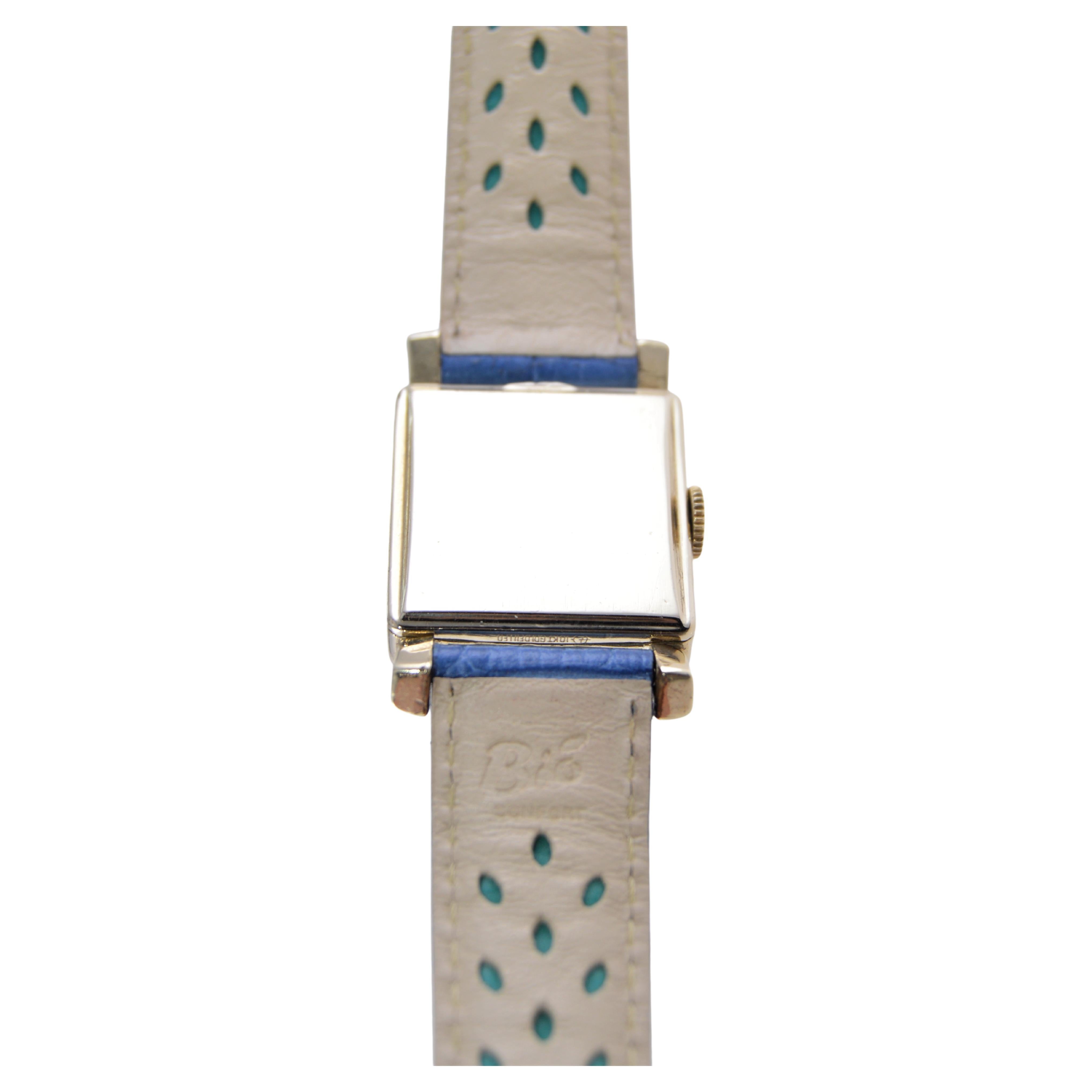 Welbros Yellow Gold Filled Art Deco Tank Watch with Tiffany Blue Dial from 1940' For Sale 2