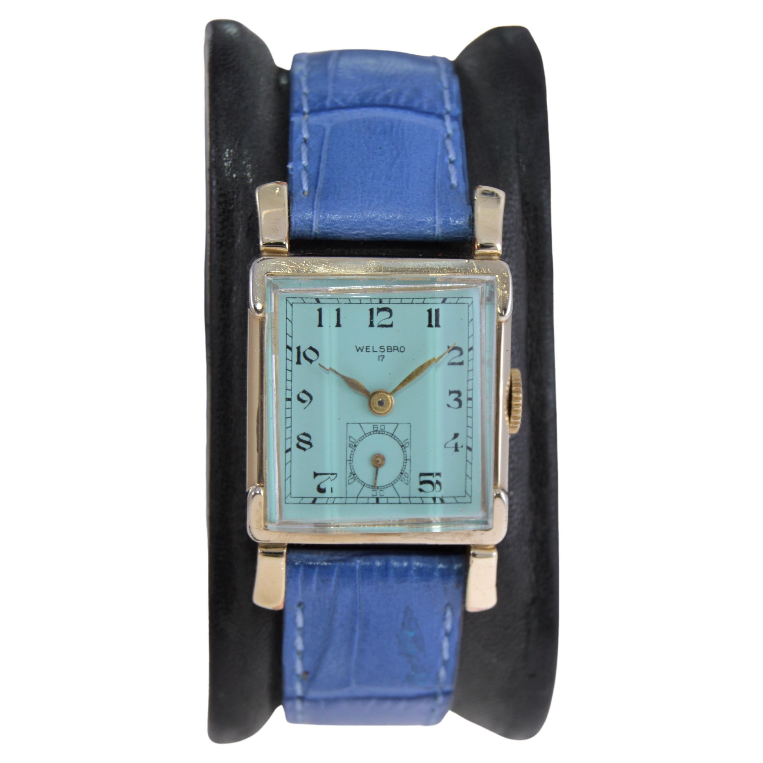 Welbros Yellow Gold Filled Art Deco Tank Watch with Tiffany Blue Dial from 1940' For Sale