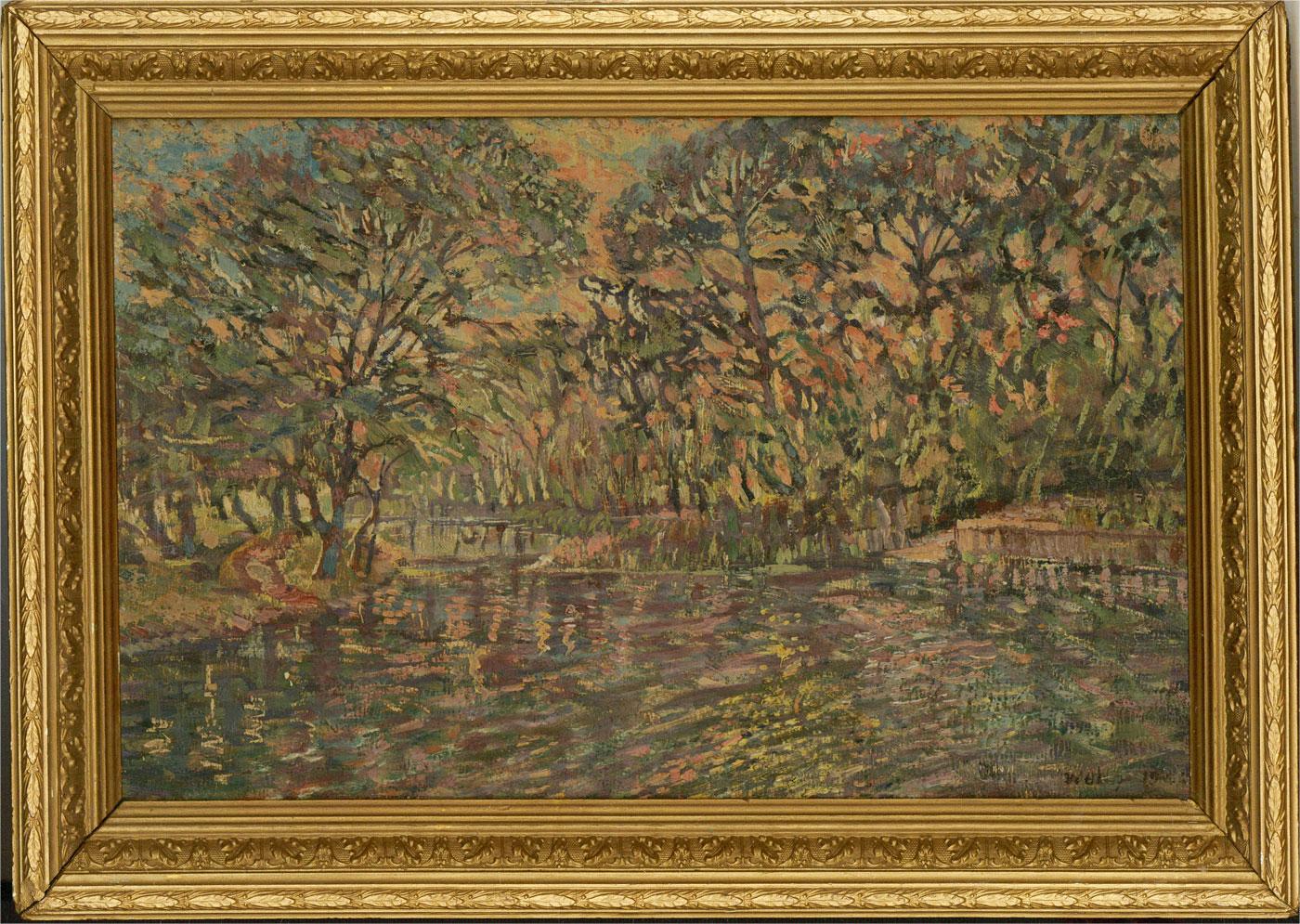 A delicate and compelling post-impressionist river scene showing a sparkling river winding its way between banks lined with leafy trees. The artist has used an earthy palette with gentle highlights to add naturalism to the gestural painting. The