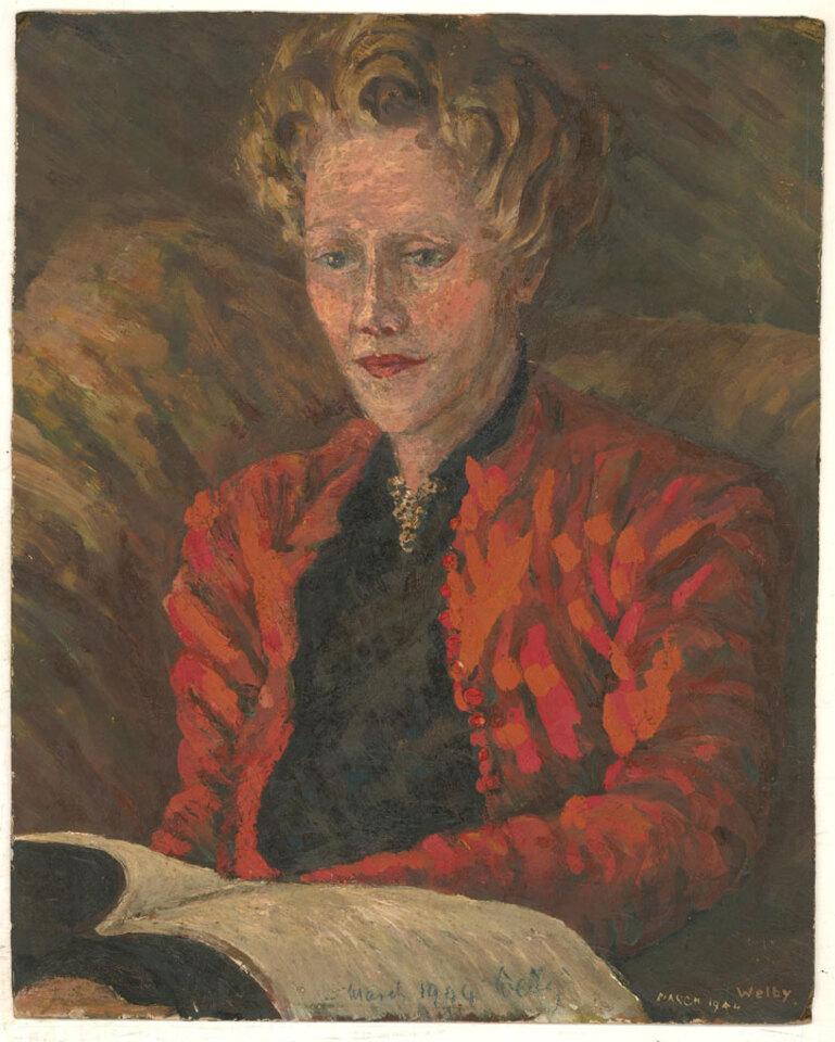 A fine oil portrait of the artist's wife. Her vibrant red jacket stands out against the muted tones of the background. Her serene face looks down at an open book in her lap. The artist has signed and dated several times to the lower edge.

There are