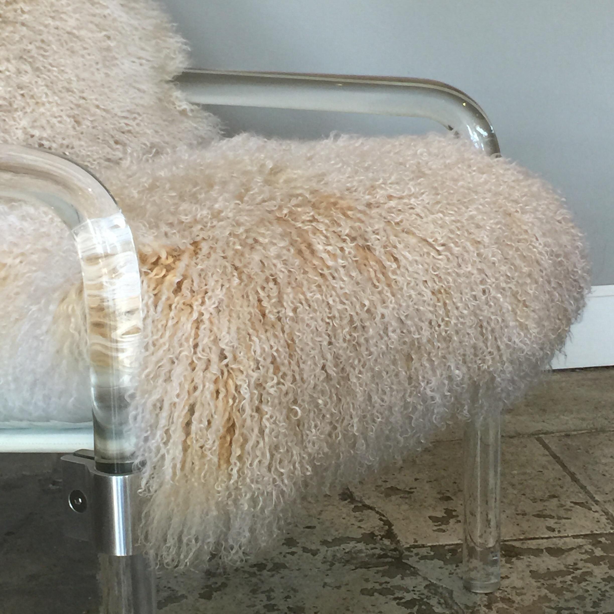 Welcoming Mongolian Lamb Lucite Armchair In Good Condition In Los Angeles, CA