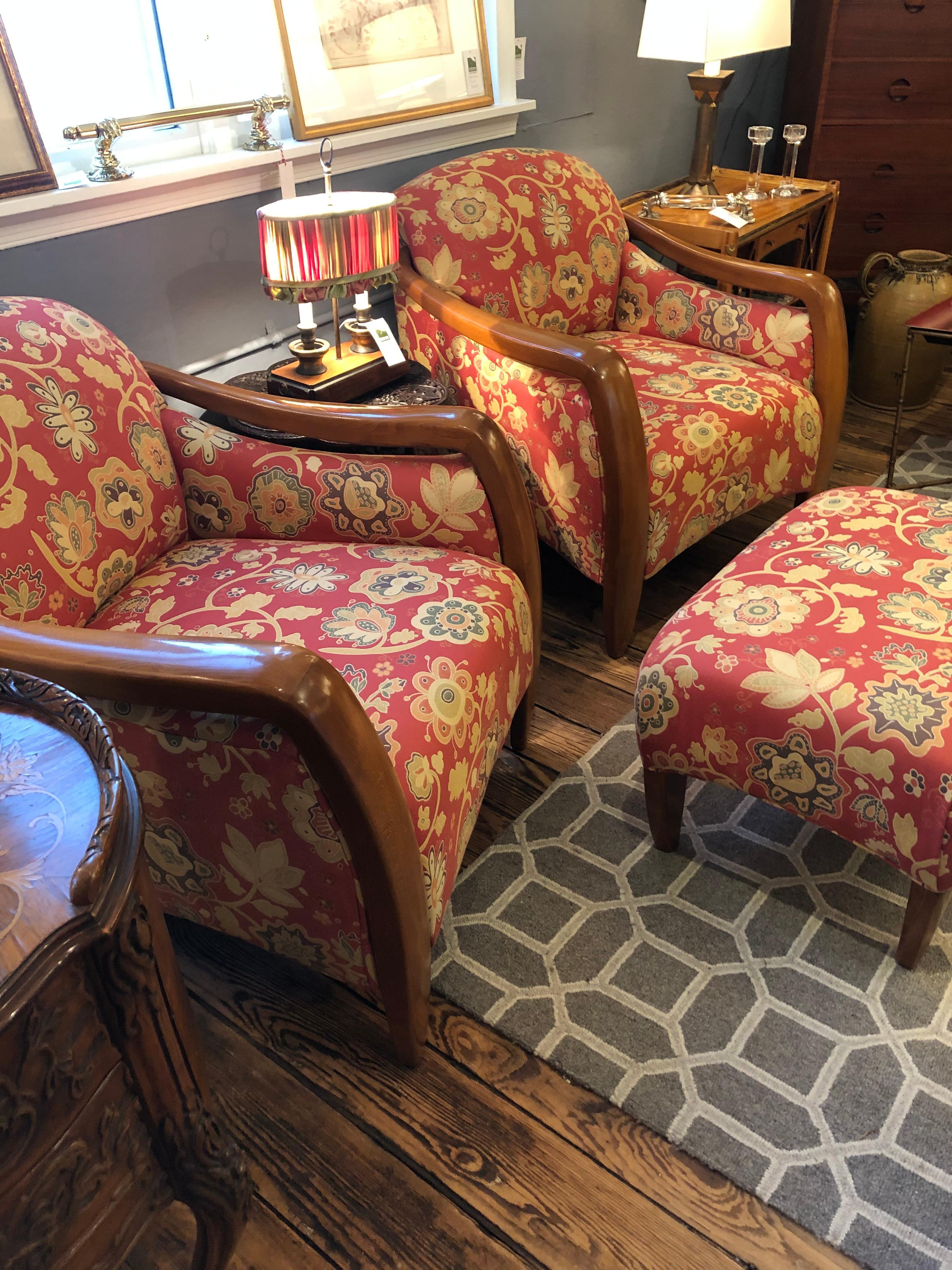 American Welcoming Set of Classy Art Deco Club Chairs and Matching Ottoman