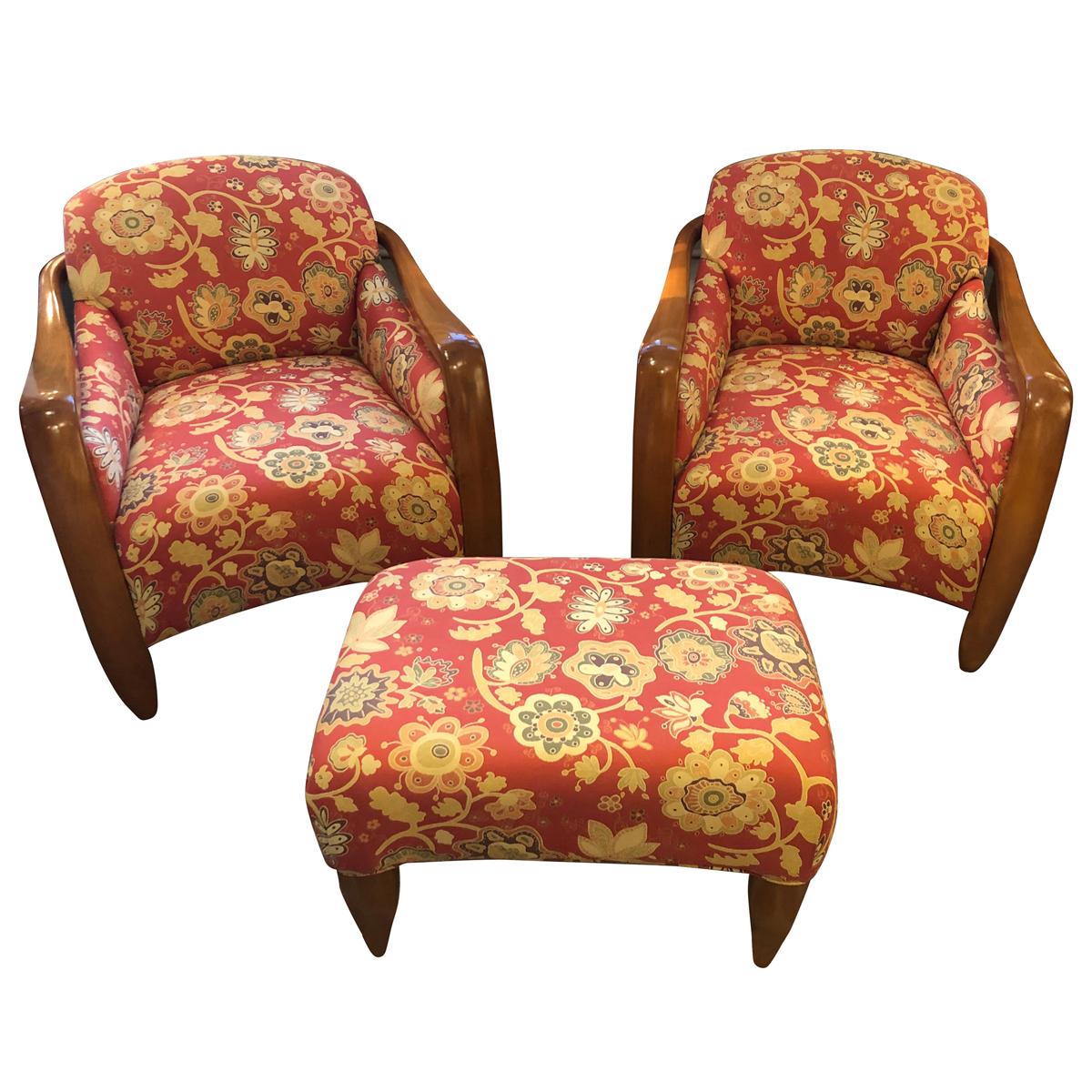 Welcoming Set of Classy Art Deco Club Chairs and Matching Ottoman