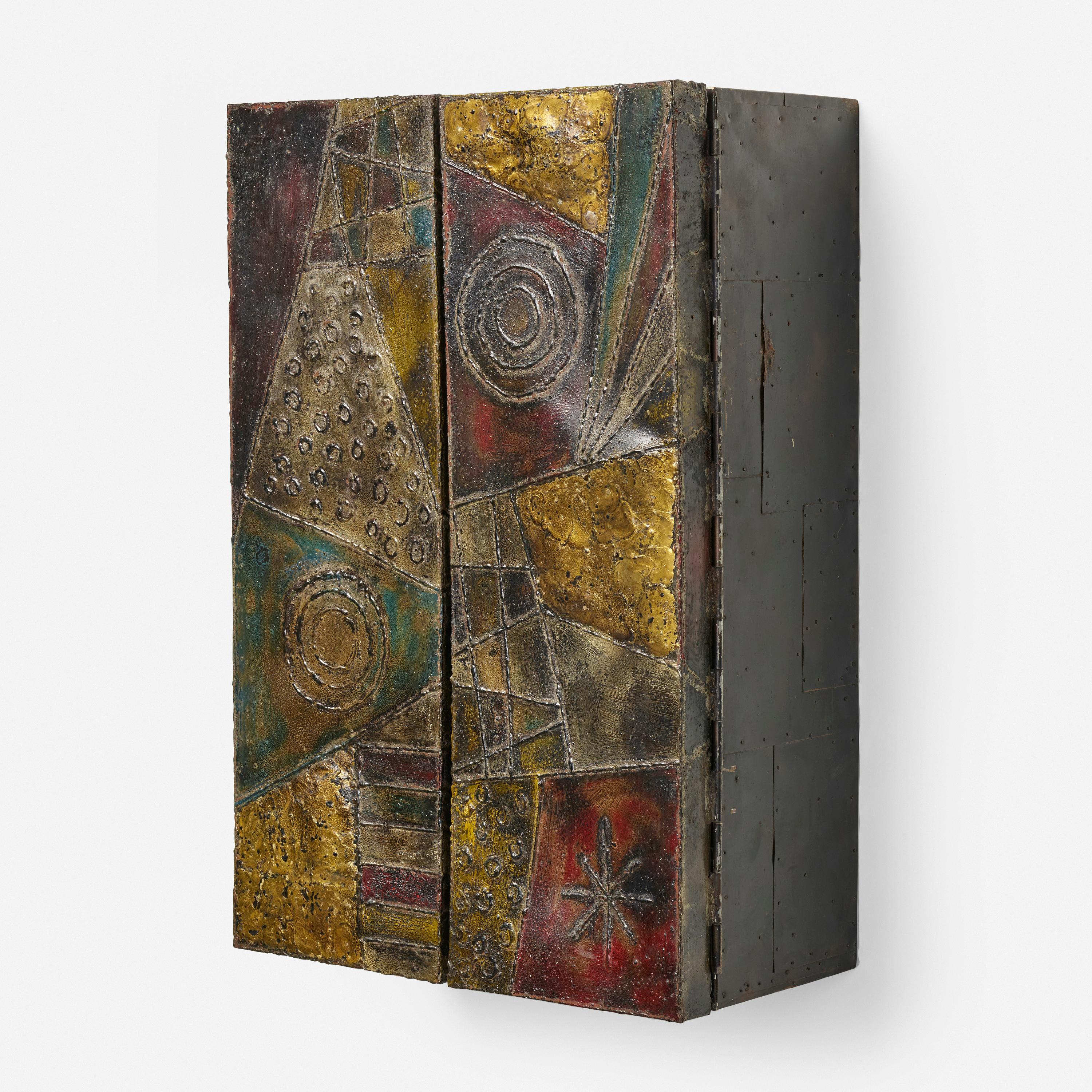 Polychrome Welded and patinated steel wall cabinet by Paul Evans for Directional. One shelf included inside.