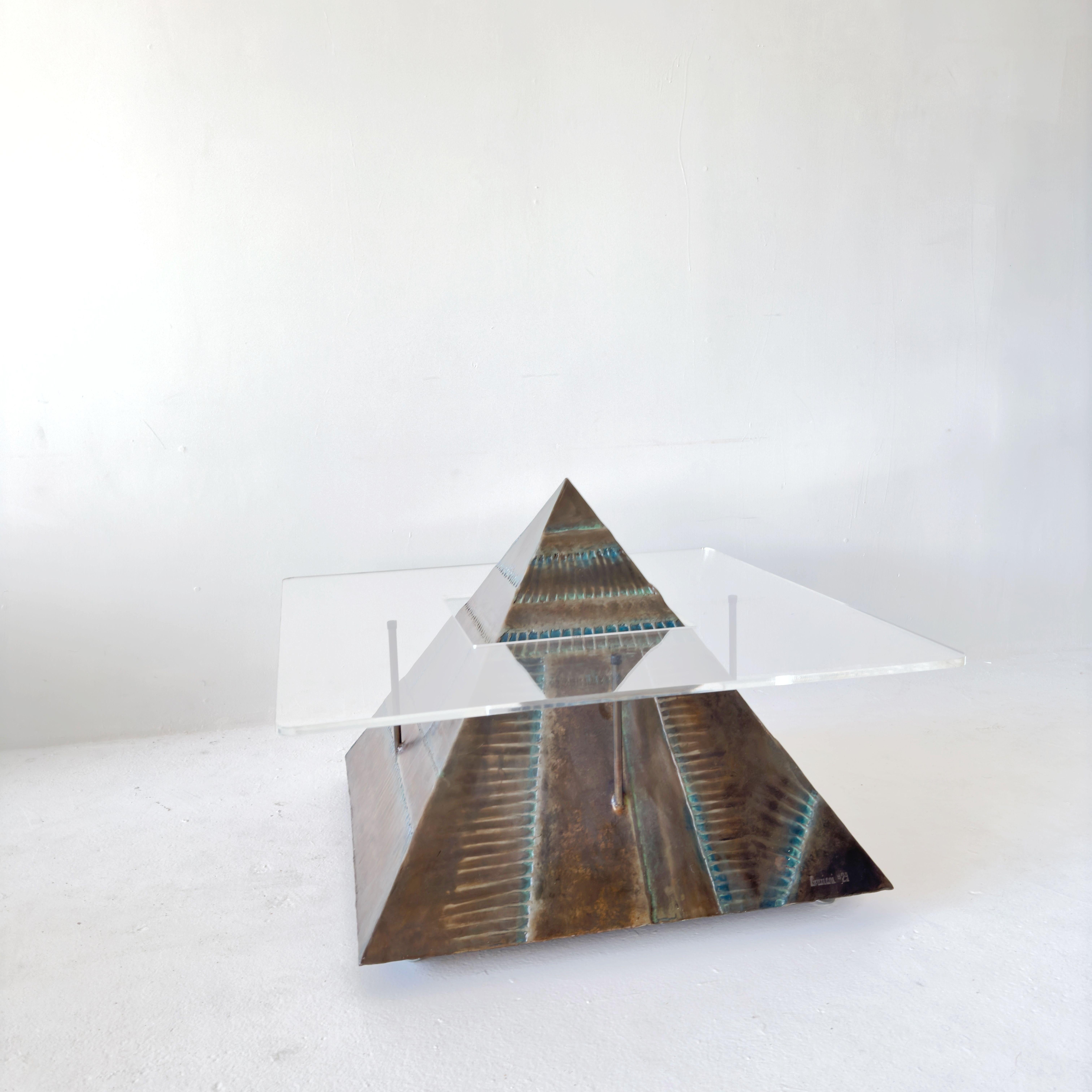 American Welded Metal and Lucite Levitating Pyramid Coffee Table