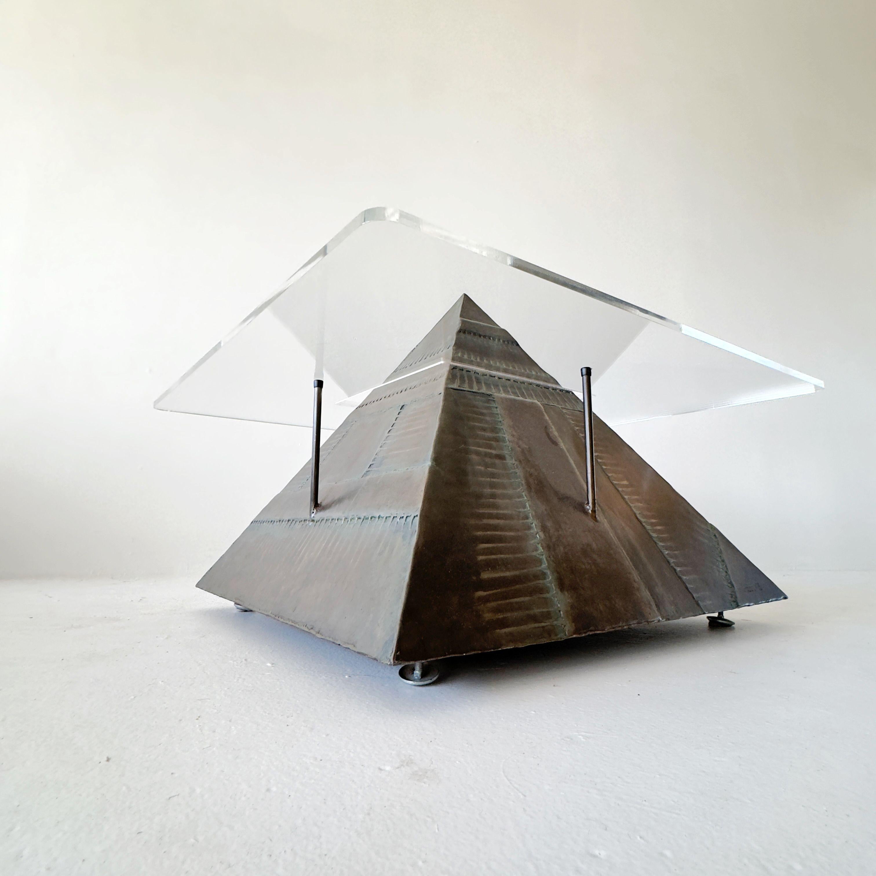 Hand-Crafted Welded Metal and Lucite Levitating Pyramid Coffee Table