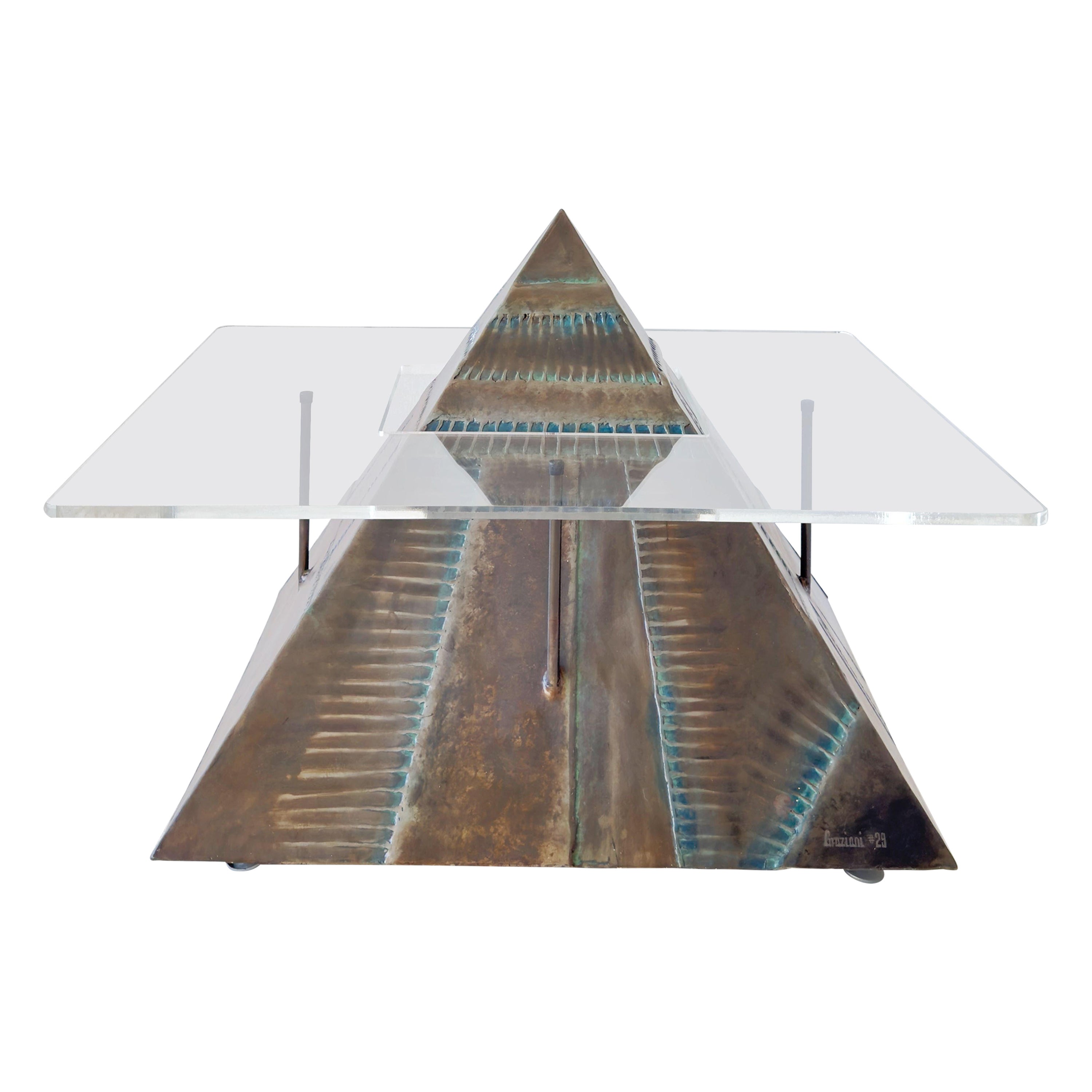 Welded Metal and Lucite Levitating Pyramid Coffee Table
