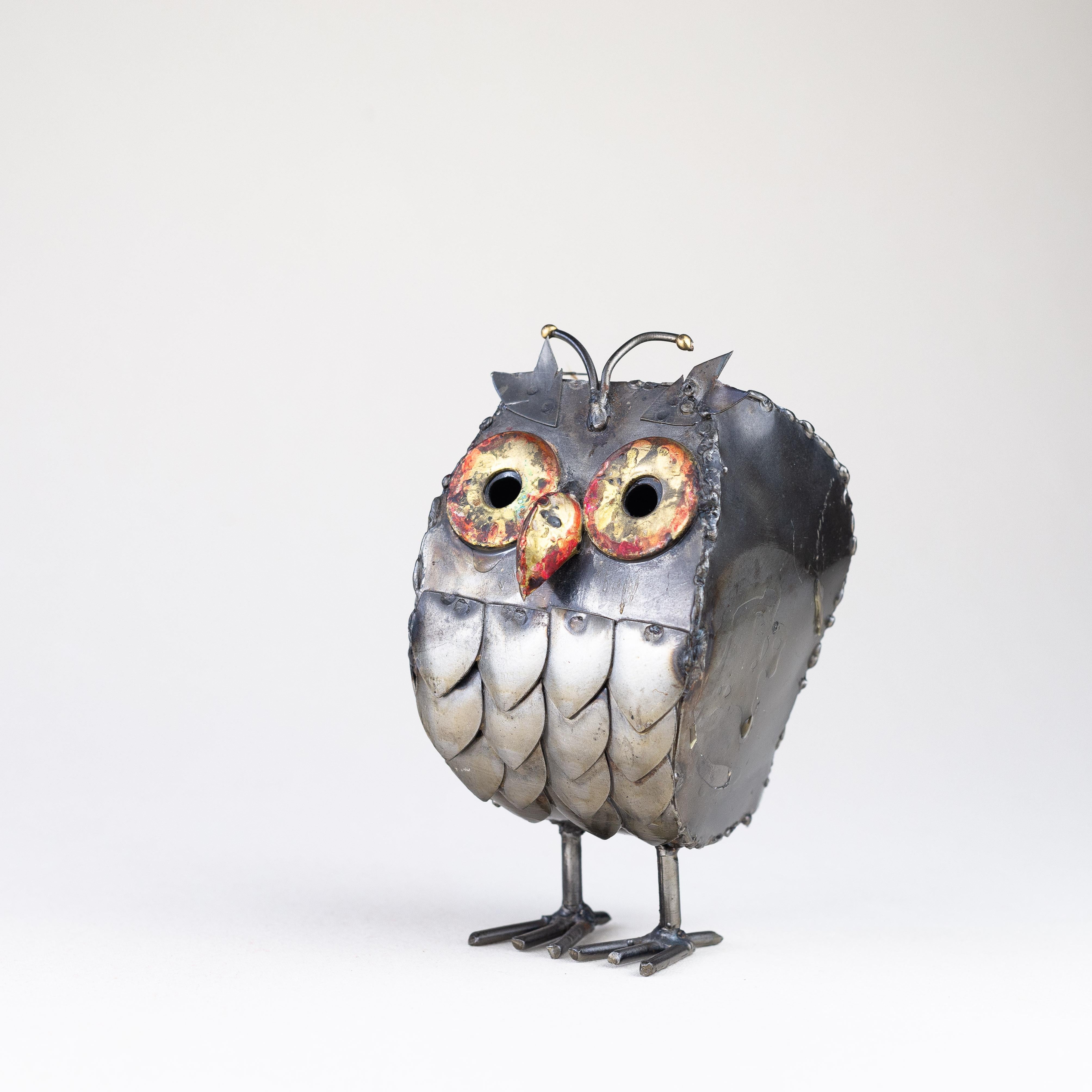 Folk Art Welded Owl Metal Sculpture, France 1970s For Sale