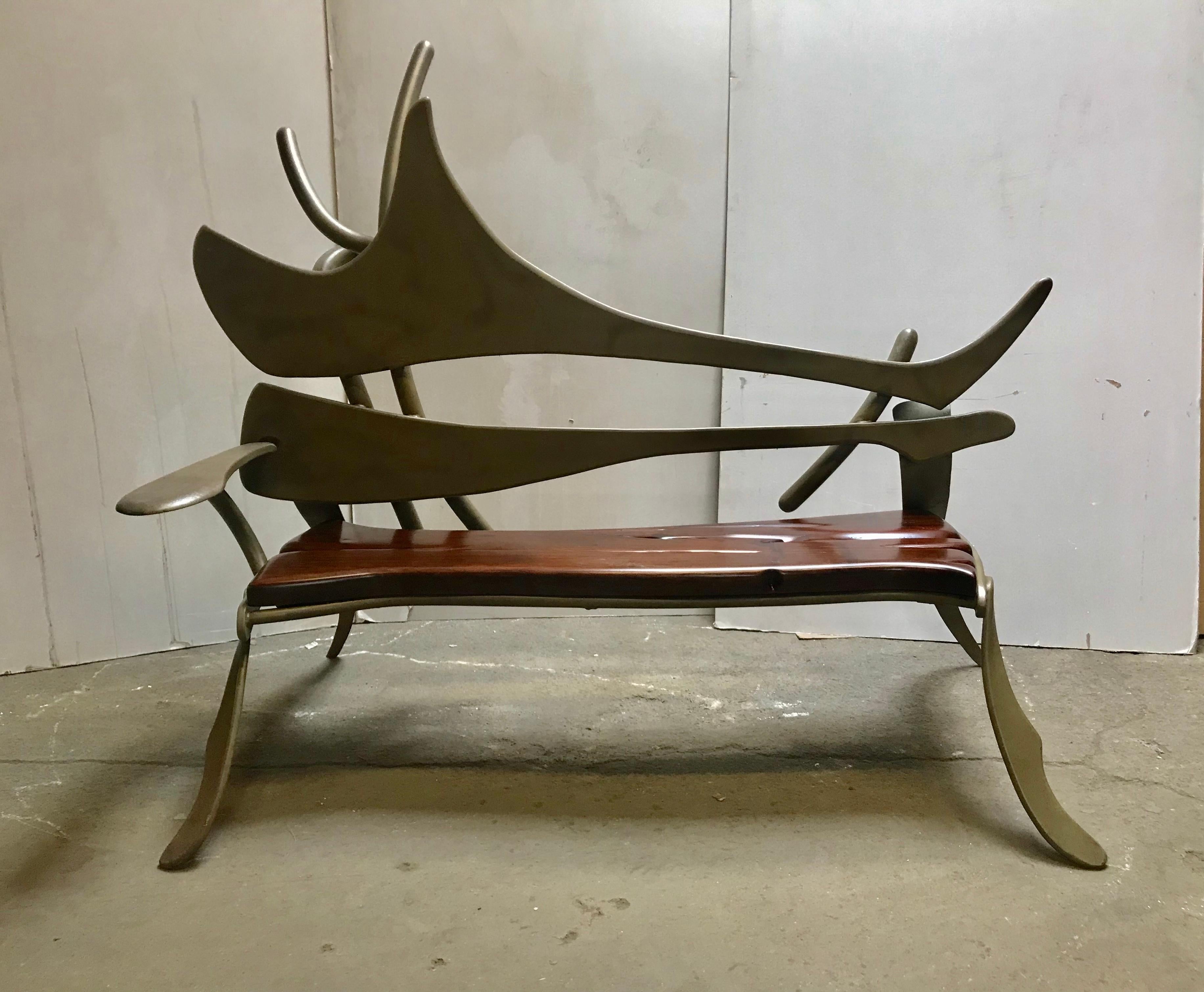 Organic Modern Welded Steel and Black Walnut  Bench , Sculpture After Albert Paley