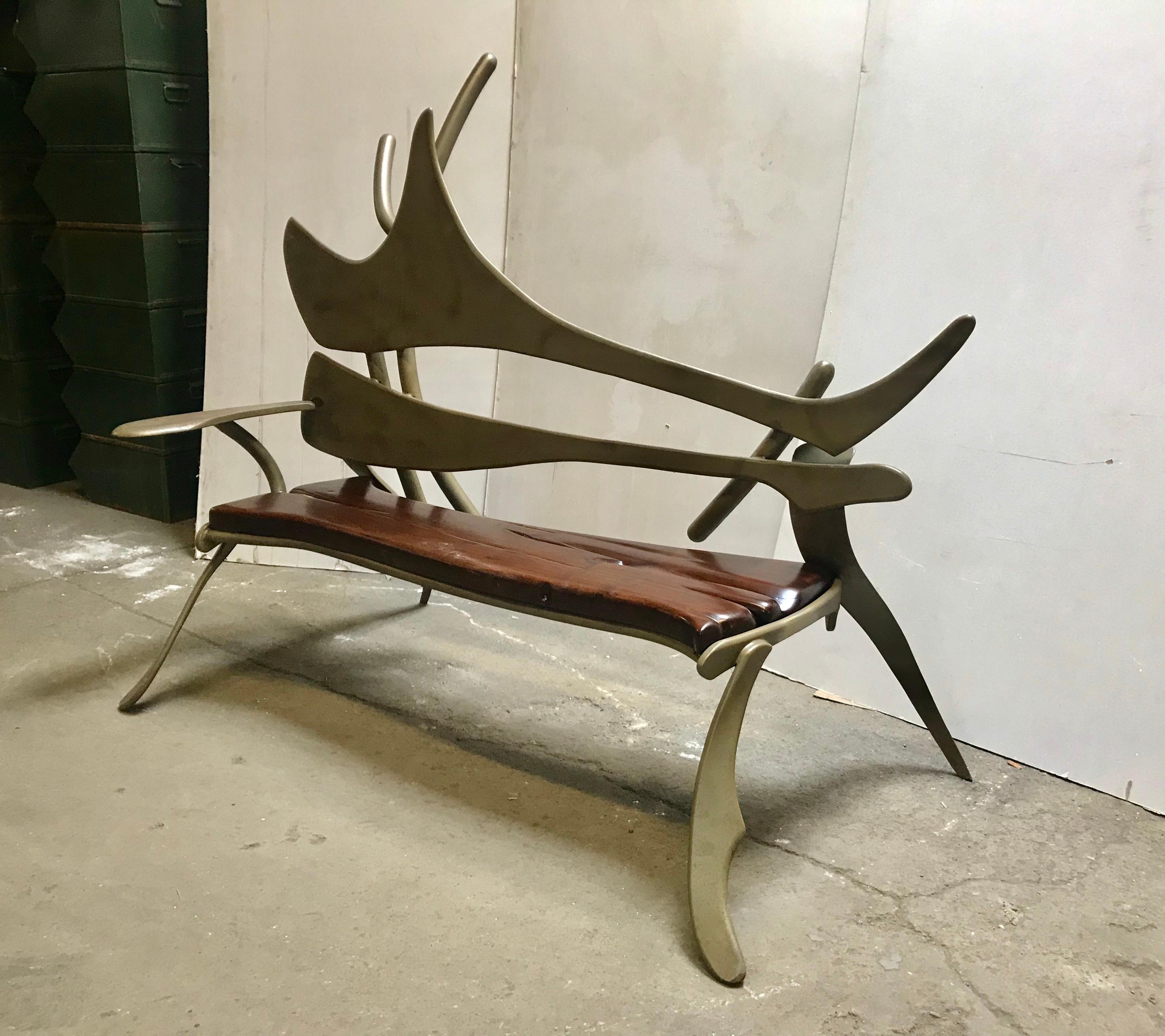 American Welded Steel and Black Walnut  Bench , Sculpture After Albert Paley