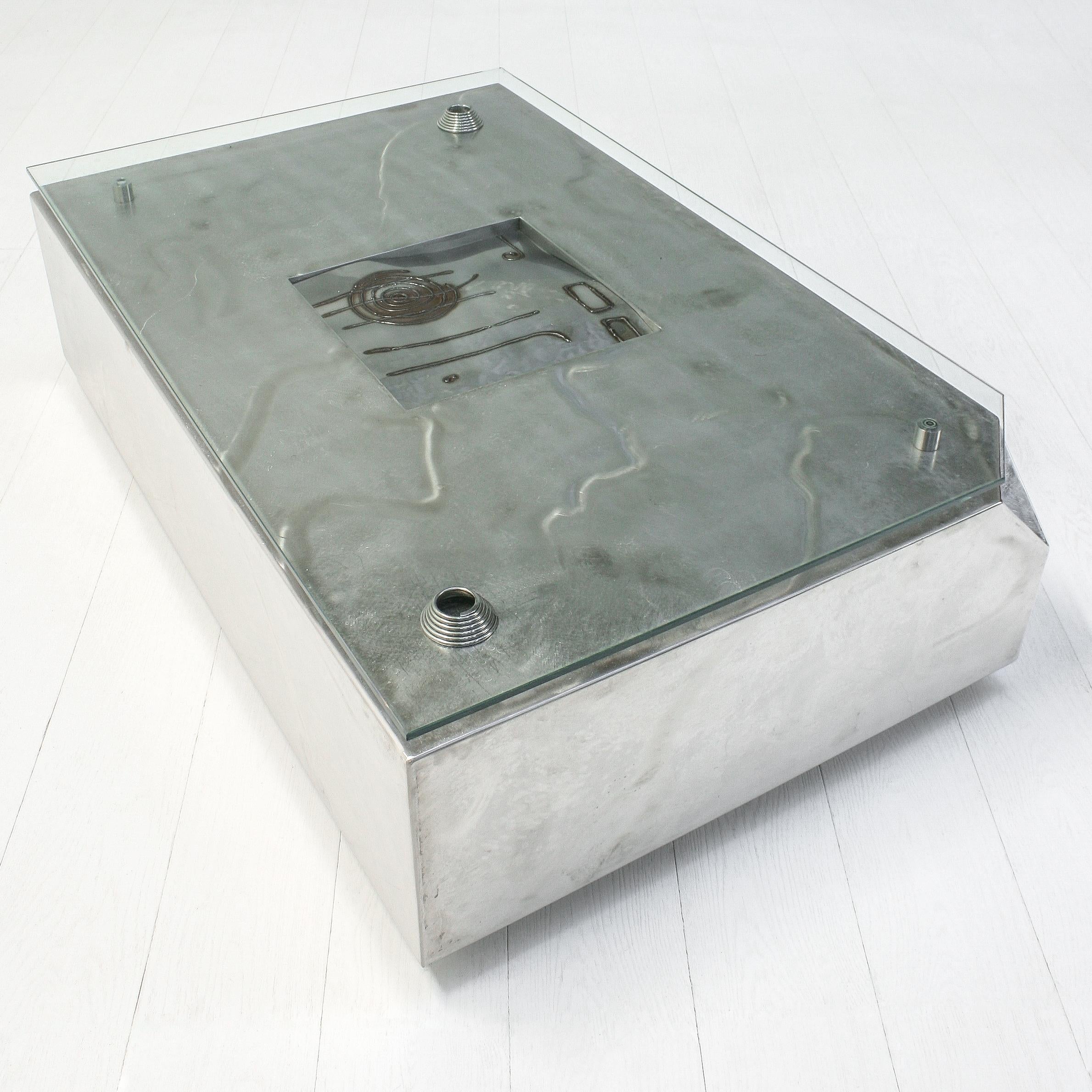 Brutalist Welding Art Coffee Table in Stainless Steel and Glass For Sale