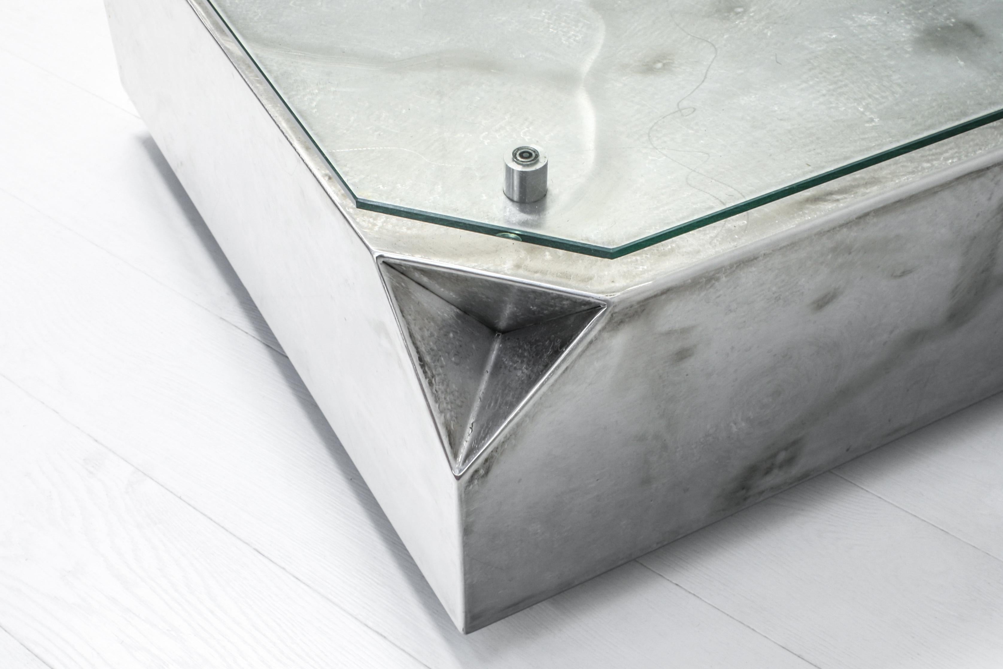 Hand-Crafted Welding Art Coffee Table in Stainless Steel and Glass For Sale