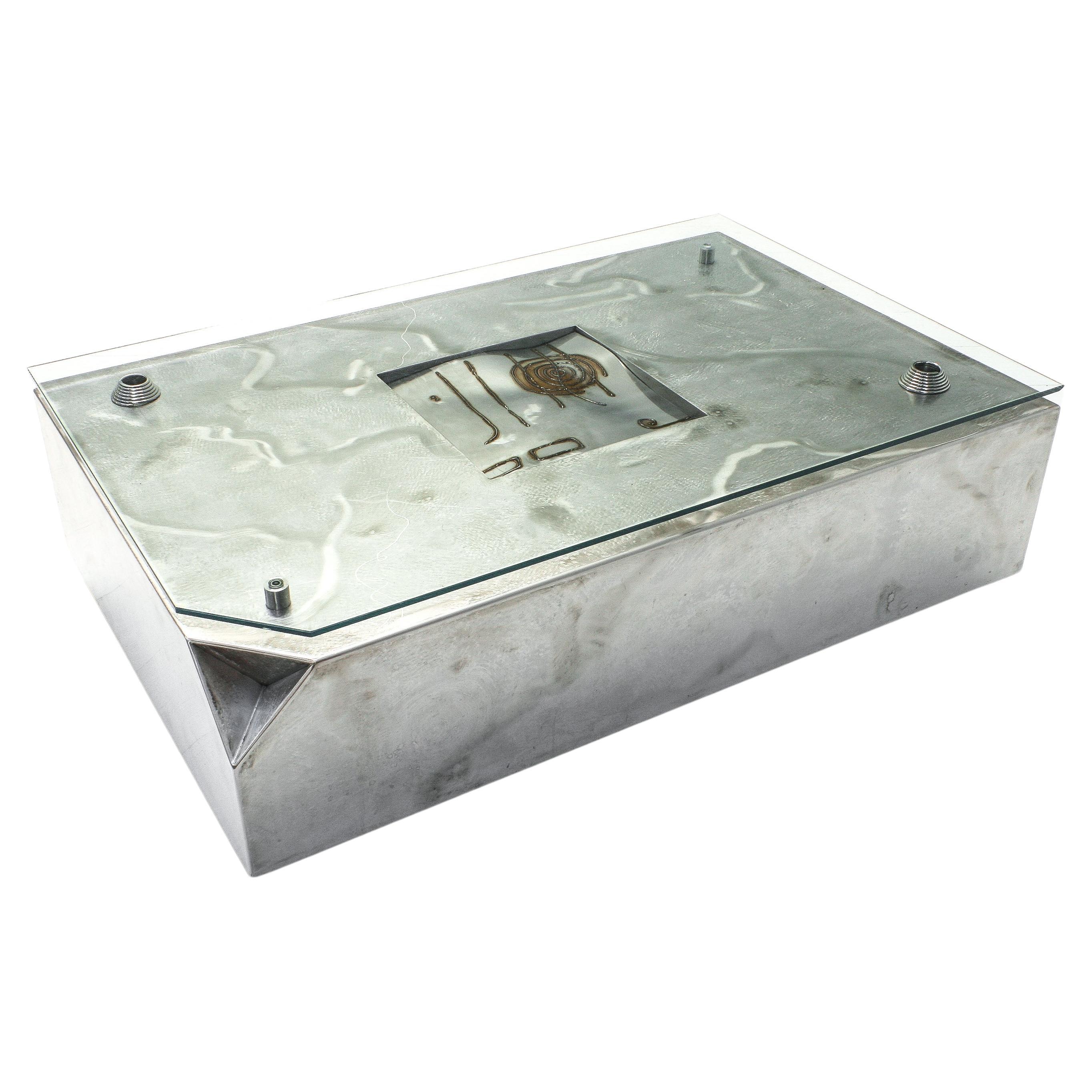 Welding Art Coffee Table in Stainless Steel and Glass For Sale