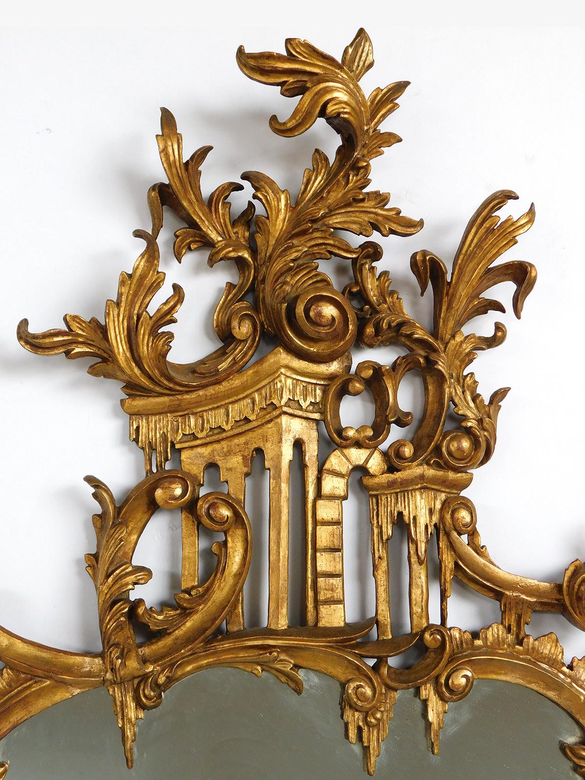 19th Century Well-Carved English Chippendale Style Gilt-Wood Mirror with Bold Crest For Sale