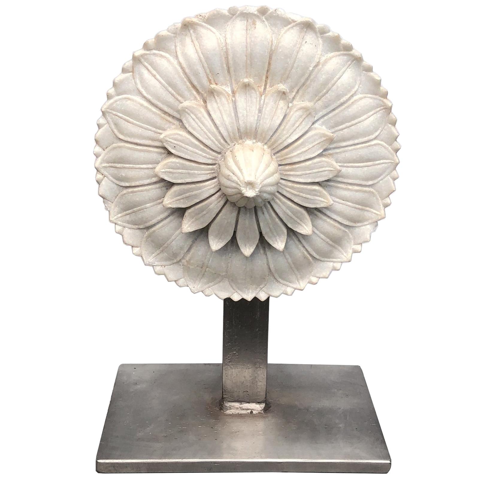 Well-Carved Italian Marble Architectural Element of a Flower on a Steel Stand
