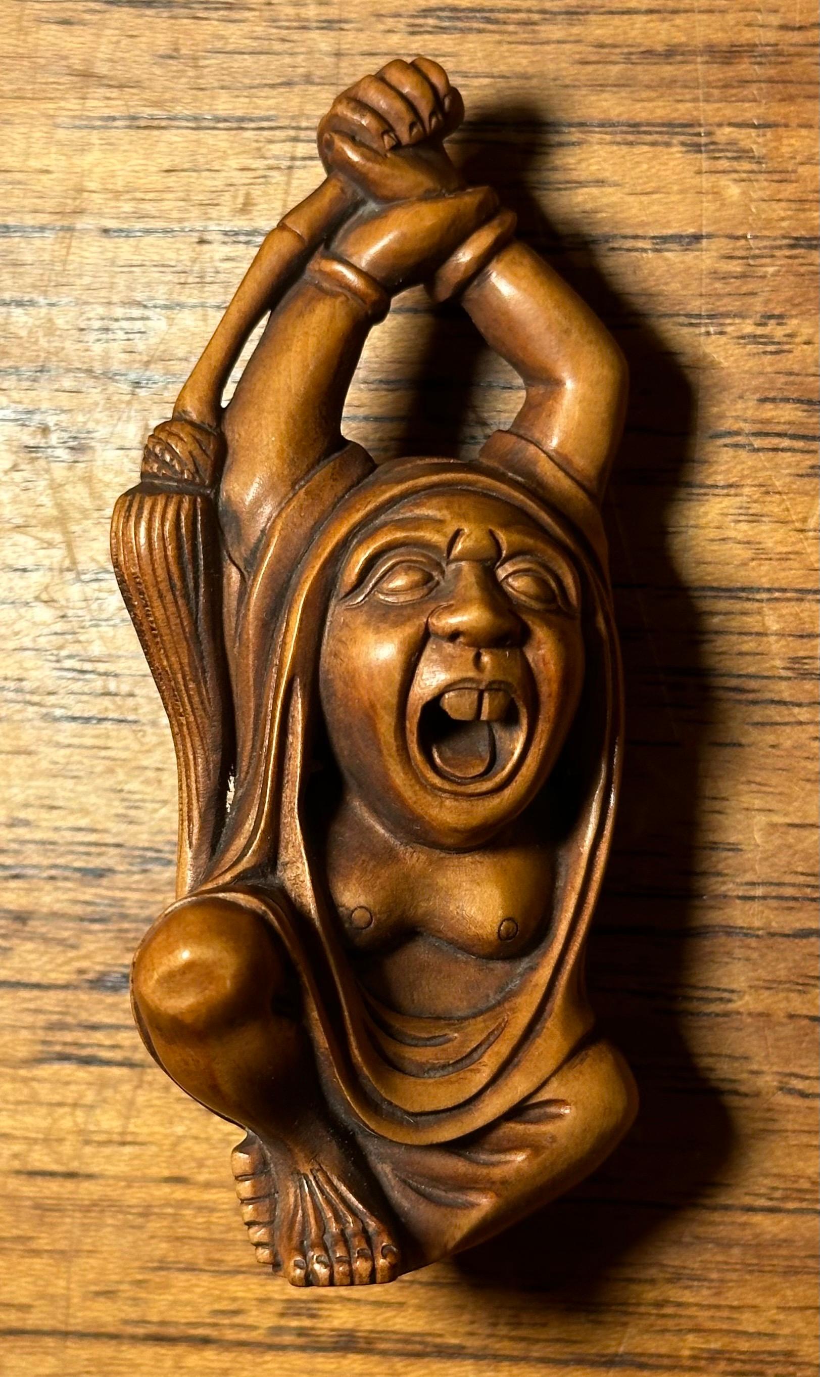 Well-Carved Japanese Boxwood Netsuke of Daruma Holding Whisk by Ishikawa 6
