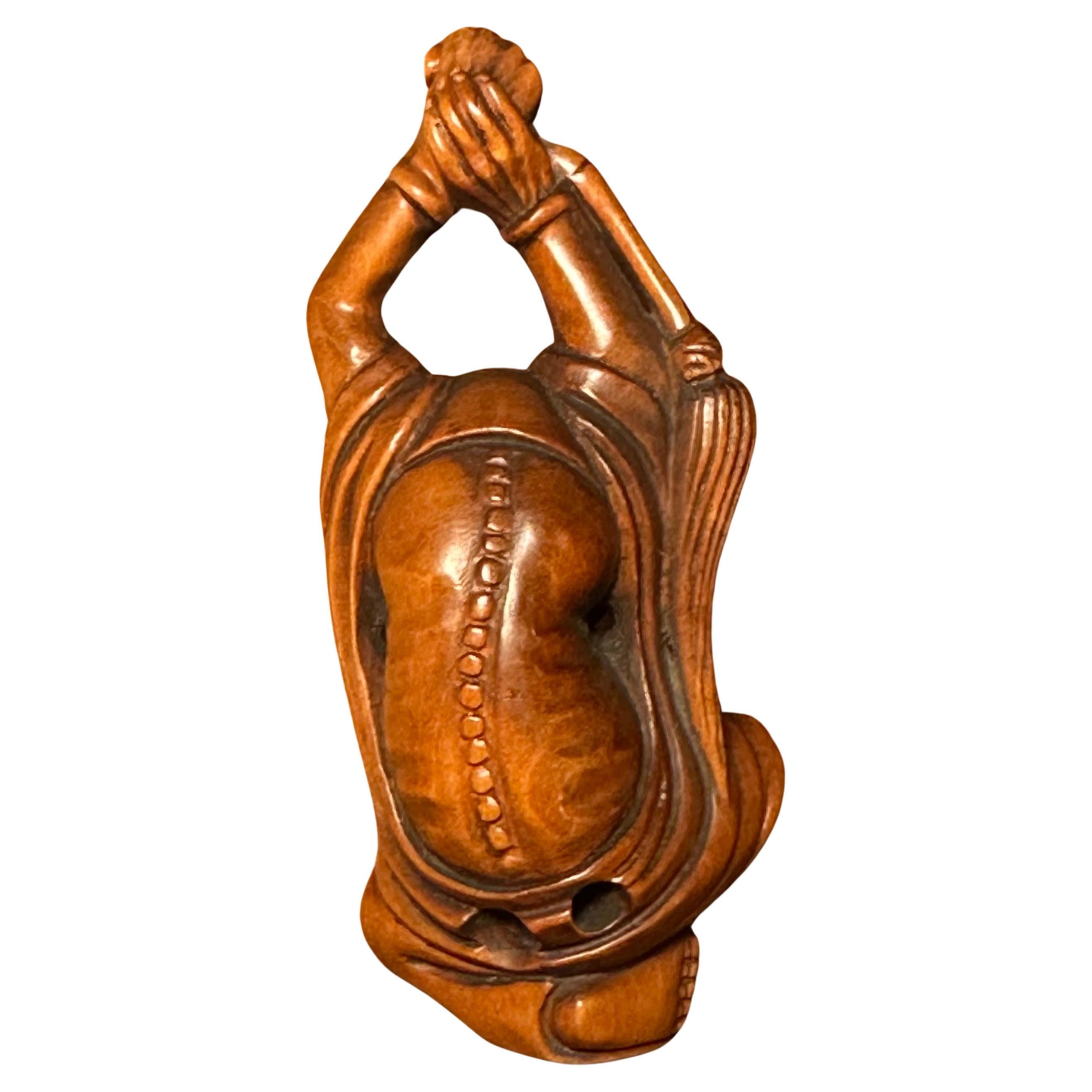 Hand-Carved Well-Carved Japanese Boxwood Netsuke of Daruma Holding Whisk by Ishikawa