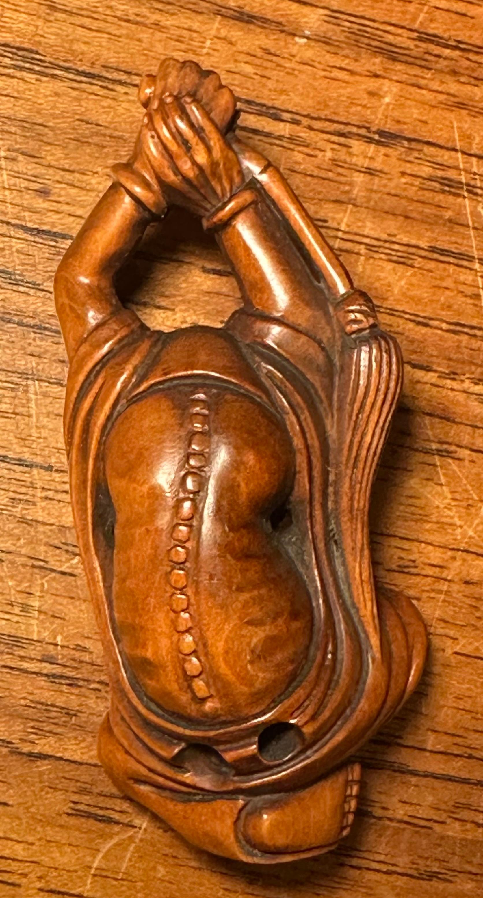 Well-Carved Japanese Boxwood Netsuke of Daruma Holding Whisk by Ishikawa 1