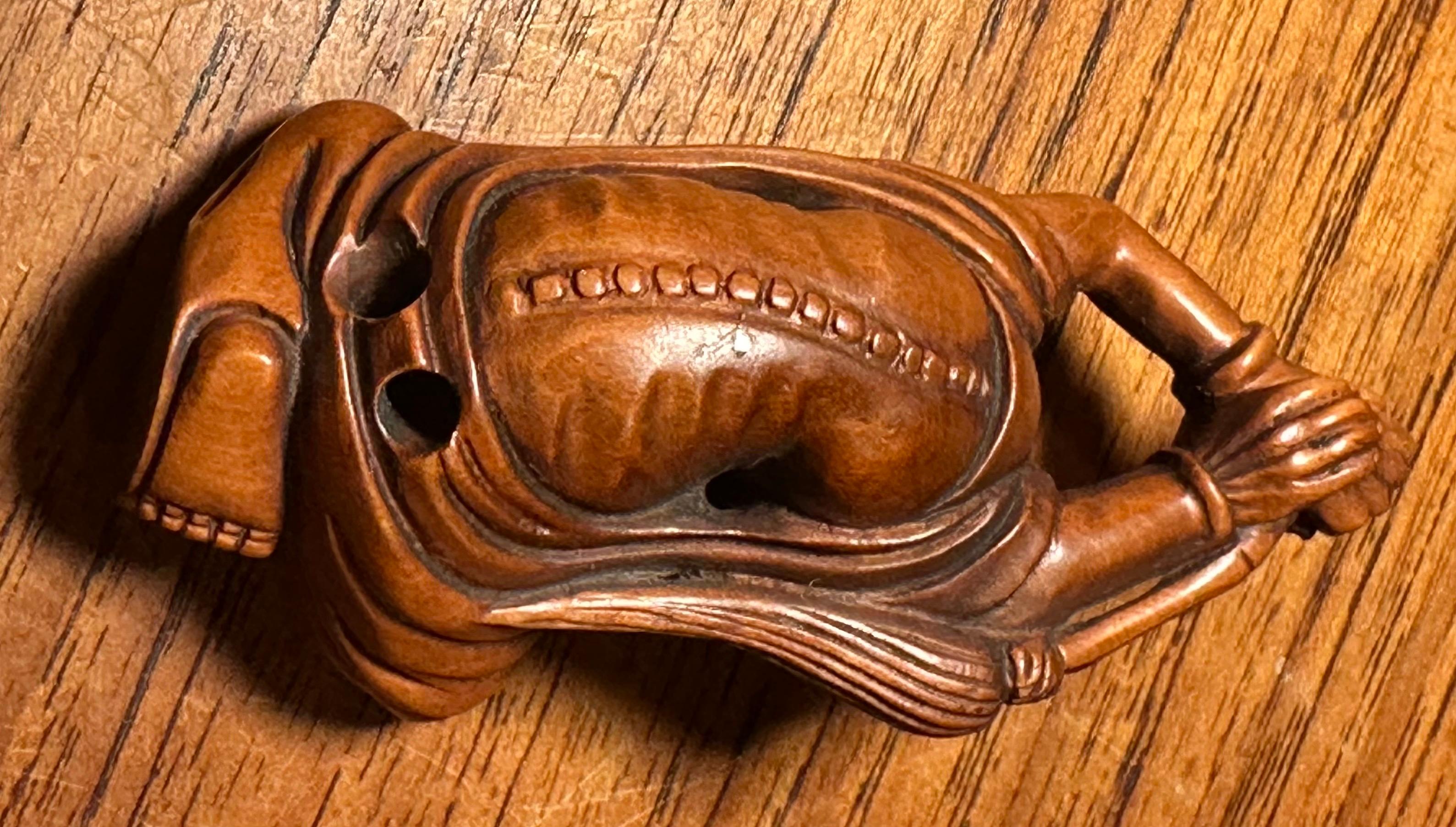 Well-Carved Japanese Boxwood Netsuke of Daruma Holding Whisk by Ishikawa 2