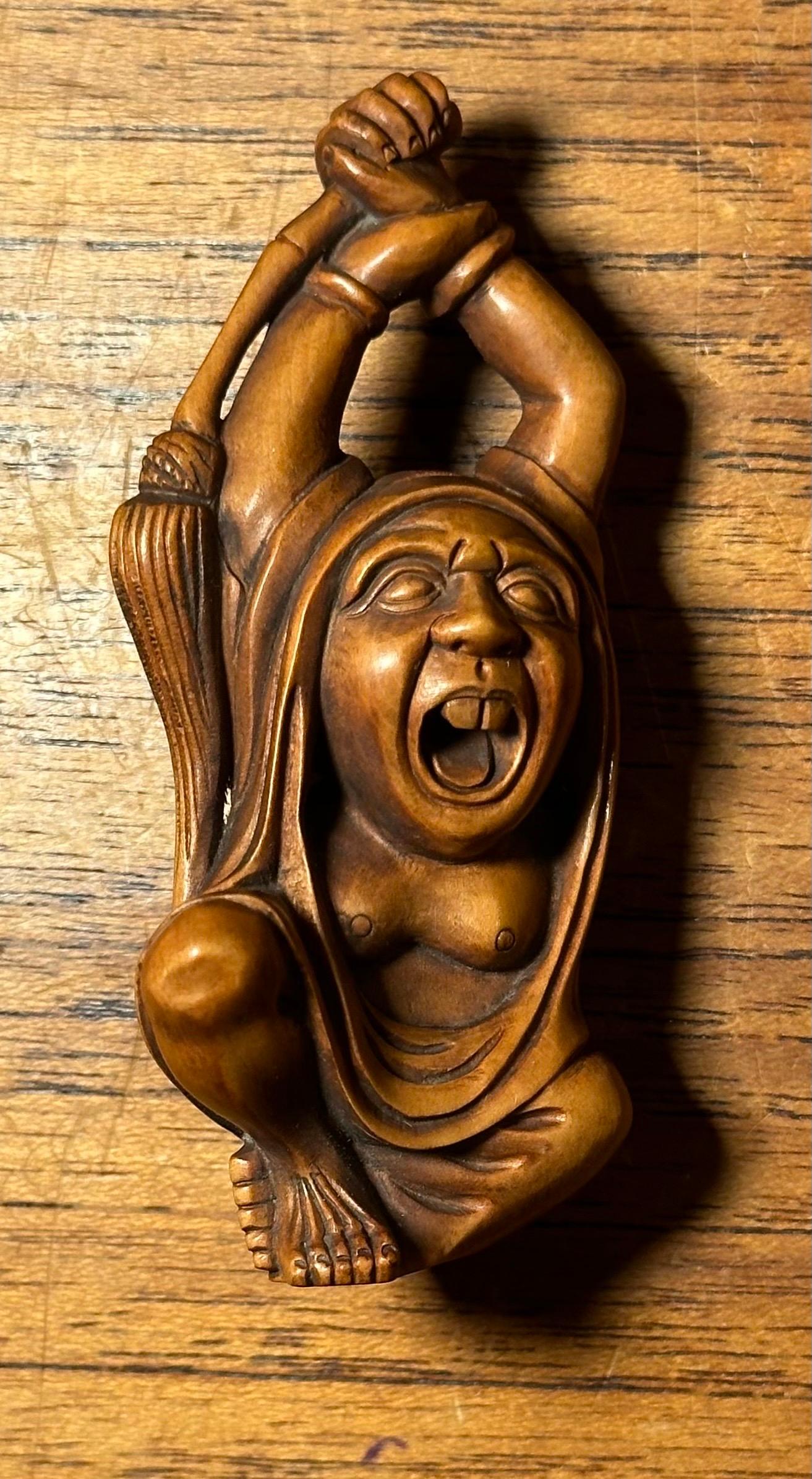Well-Carved Japanese Boxwood Netsuke of Daruma Holding Whisk by Ishikawa 3