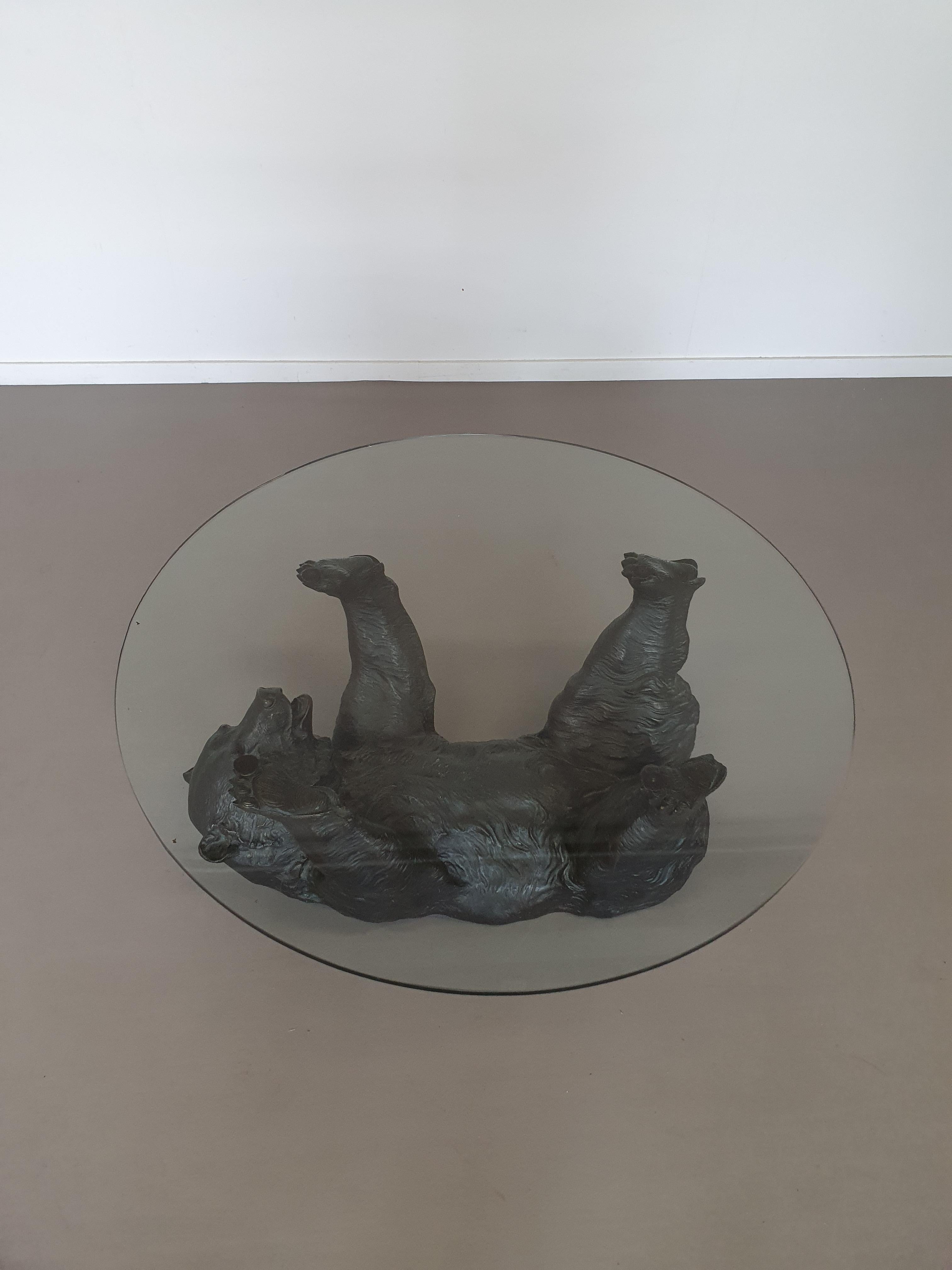 Well detailed bronze bear coffee table with glass top 1970 For Sale 6
