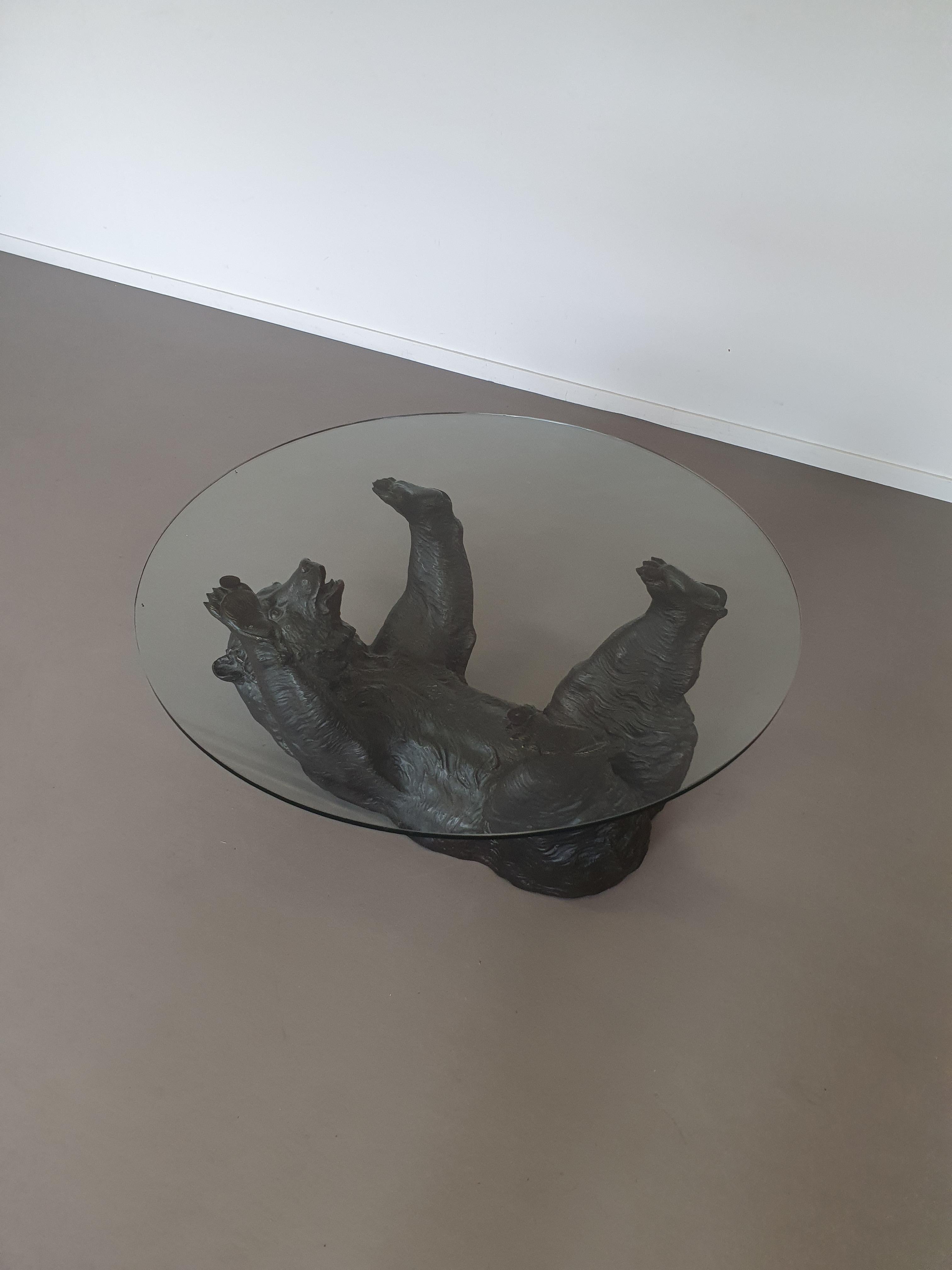 Well detailed bronze bear coffee table with glass top 1970 For Sale 7
